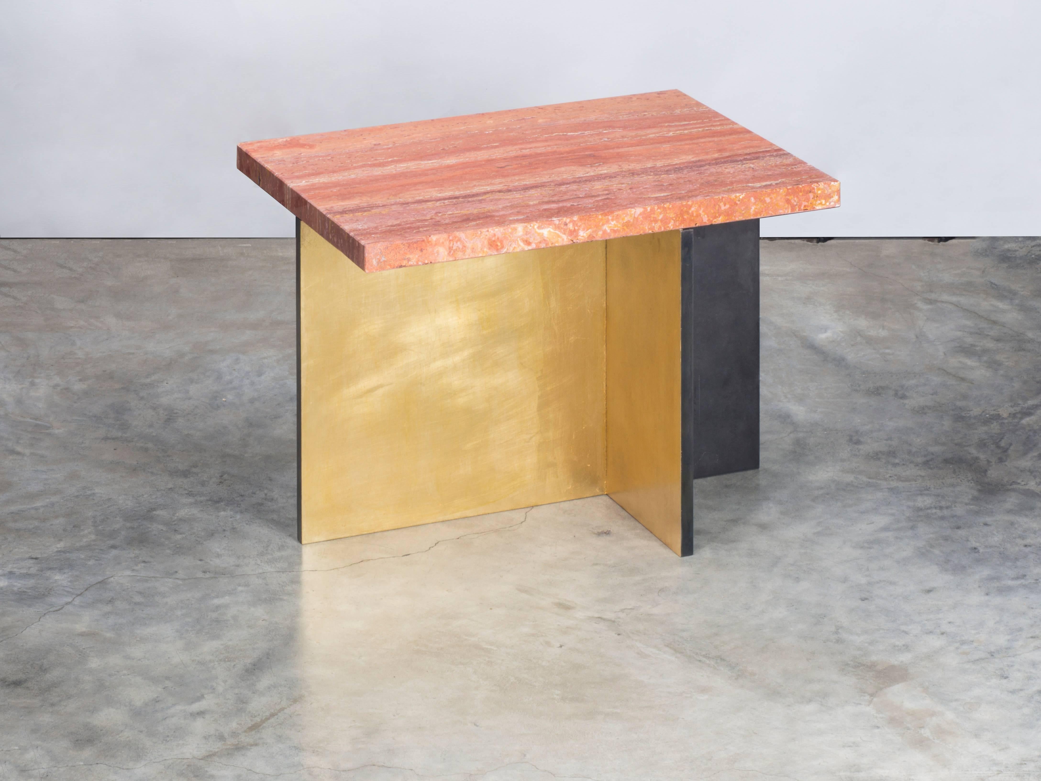 Blackened Gilded Cross Table by Carta Bianca, Iranian Travertine Top and Gold Leaf, Italy For Sale