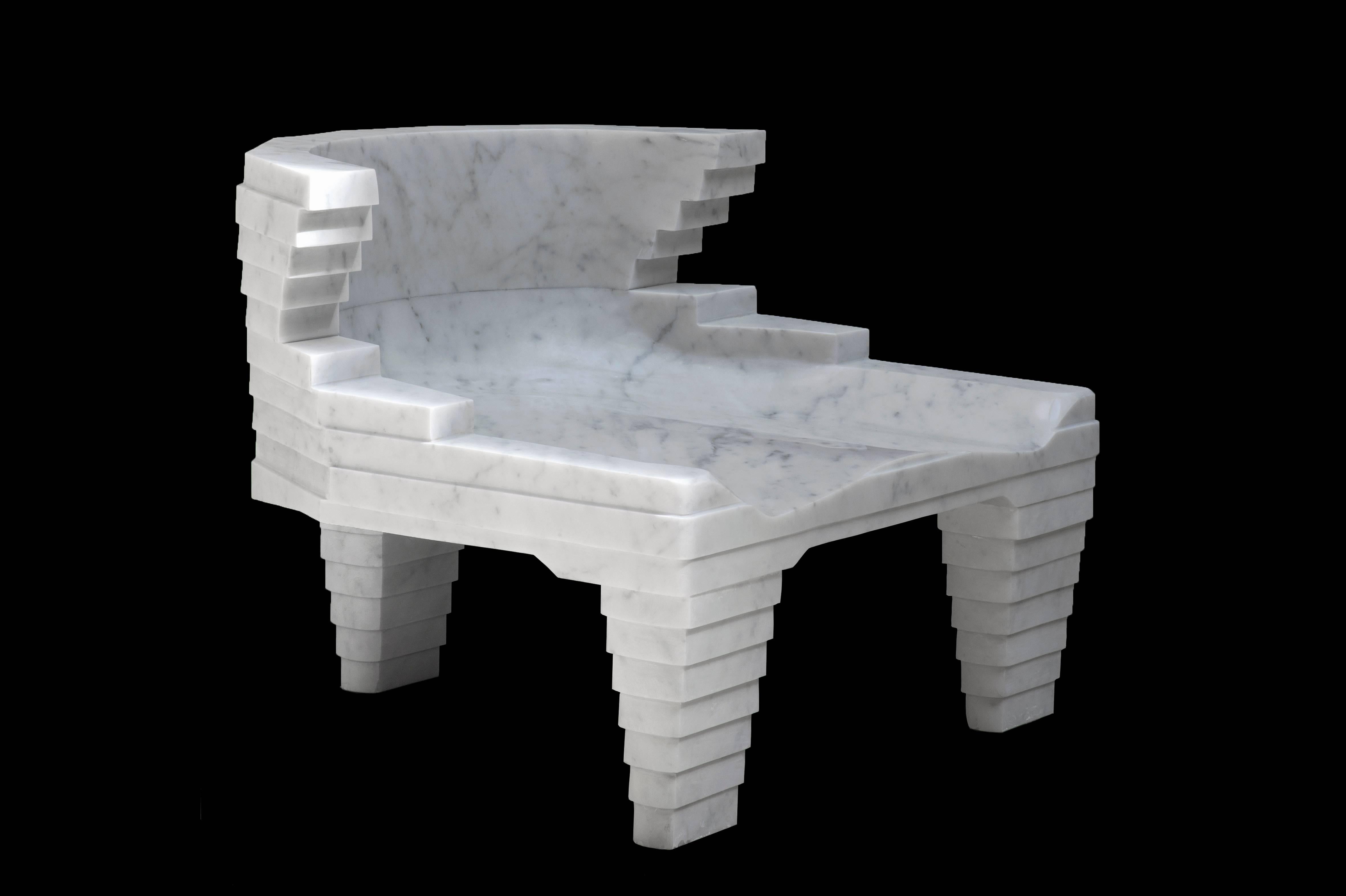 Fjord was inspired by Jord, a chair designed by contemporary artist Kossi Aguessy that is part of the collection of the George Pompidou Museum in Paris. Created by Carrara Design Factory is made in white Carrara marble from Bianco Campanili and