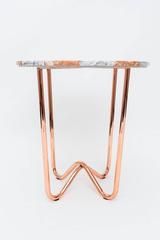 Jasmine Pizza Side Table in Diana rose and dream grey marble and copper legs.