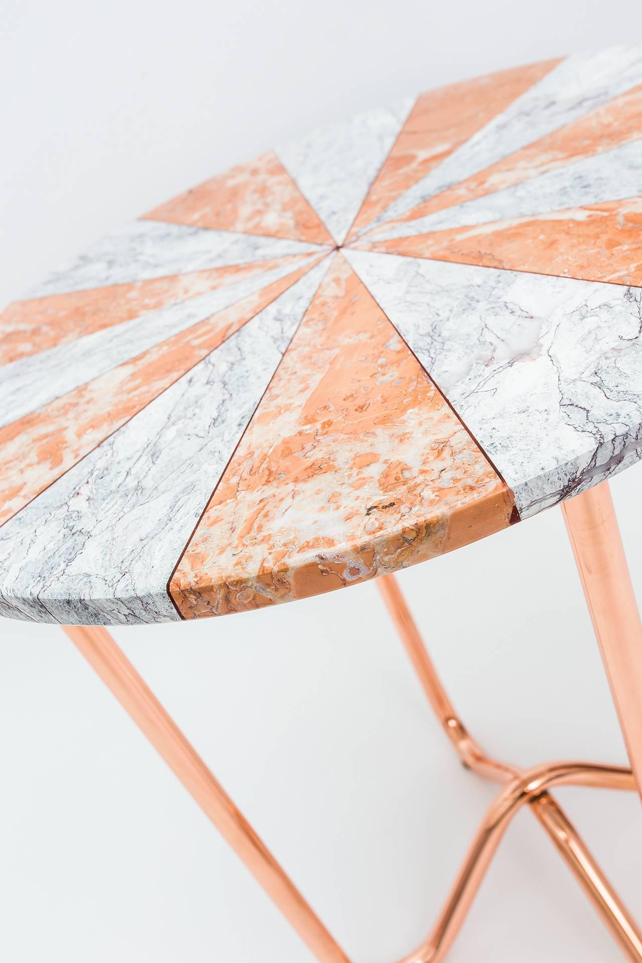 Other Jasmine Pizza Side Table in Diana rose and dream grey marble and copper legs. For Sale