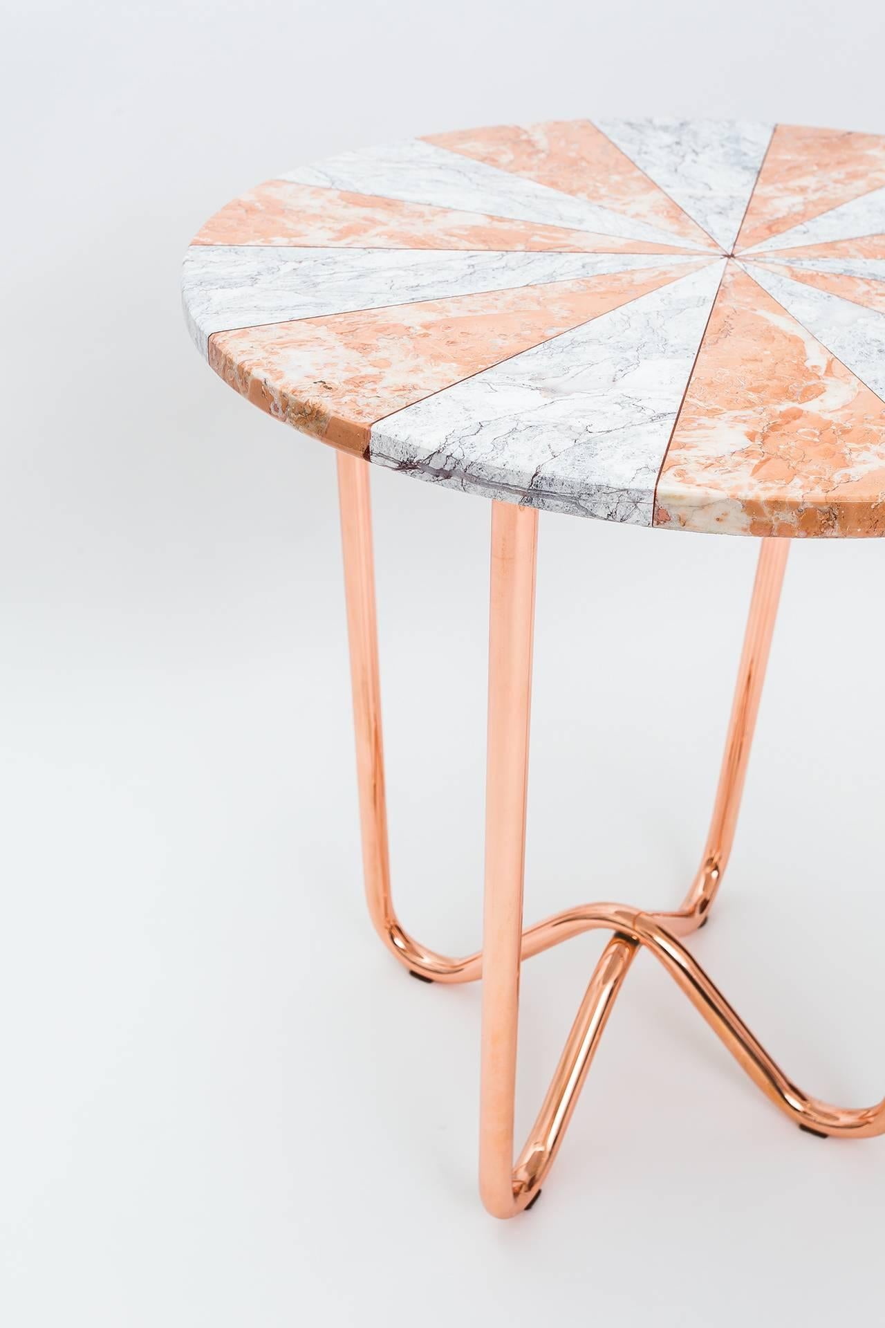 Turkish Jasmine Pizza Side Table in Diana rose and dream grey marble and copper legs. For Sale
