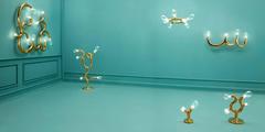 Lampadaire à cinq ampoules en céramique avec finition dorée 24 carats et verre soufflé à la main