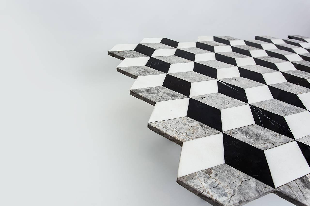 Larger version of the Diplopia coffee table comes with different marble combinations and various material options for legs

Materials: Black toros marble, silver gray marble, tasos white marble and black painted metal.