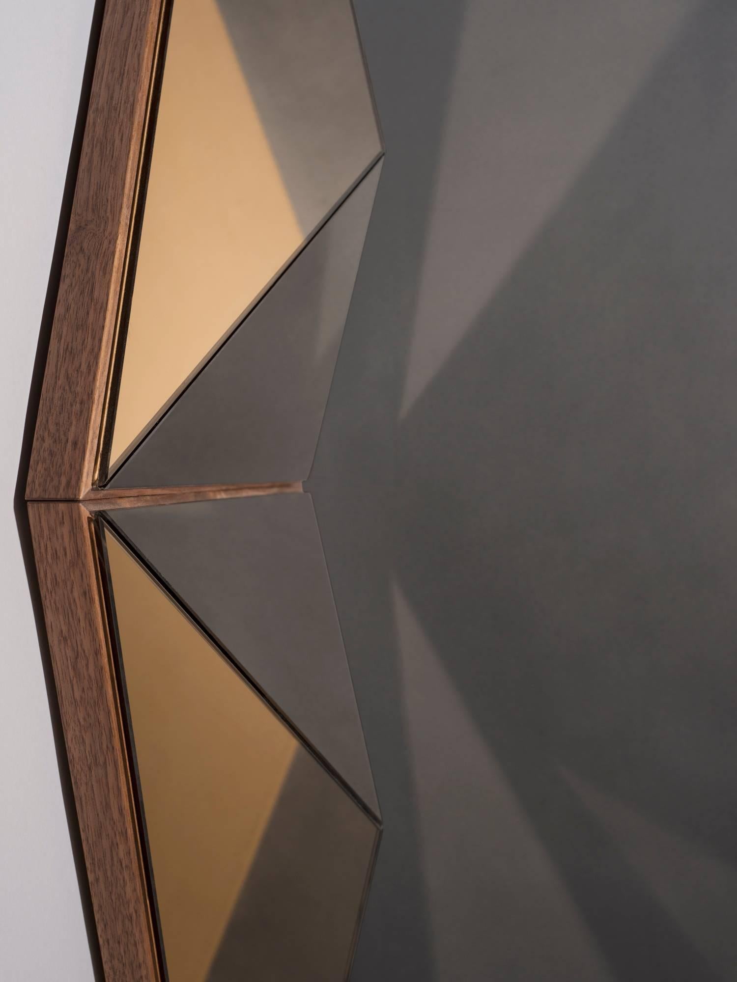 Other Contemporary Volume Bronze Mirror Convex Finished in Oiled Walnut Frame For Sale