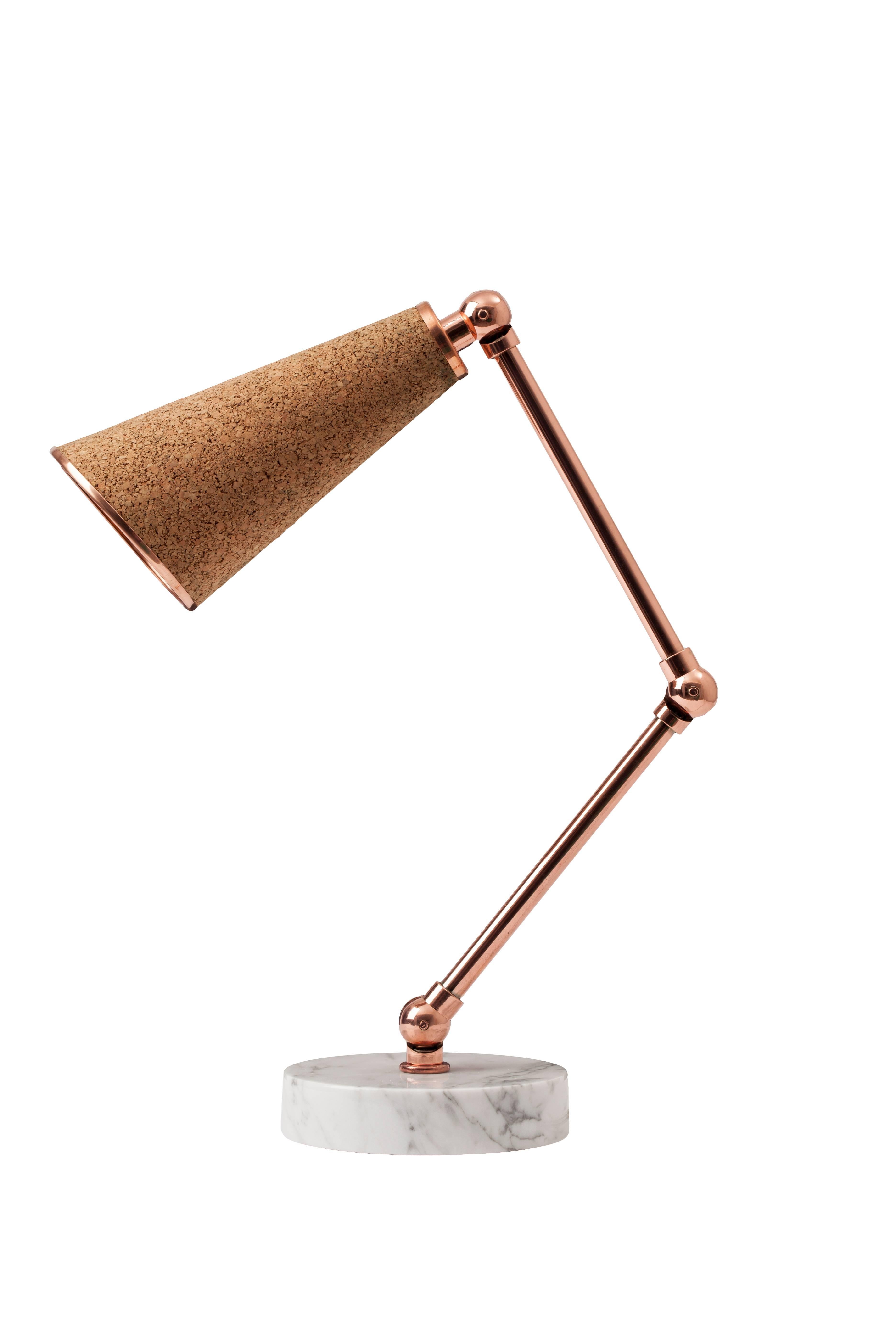 Lanterna is a new age robot lamp with a heart. Unique textured materials such as cork is combined with white marble and shiny metals such as brass. Adjustable arms of Lanterna enables users to justify the form and position of the lamp. Lanterna can
