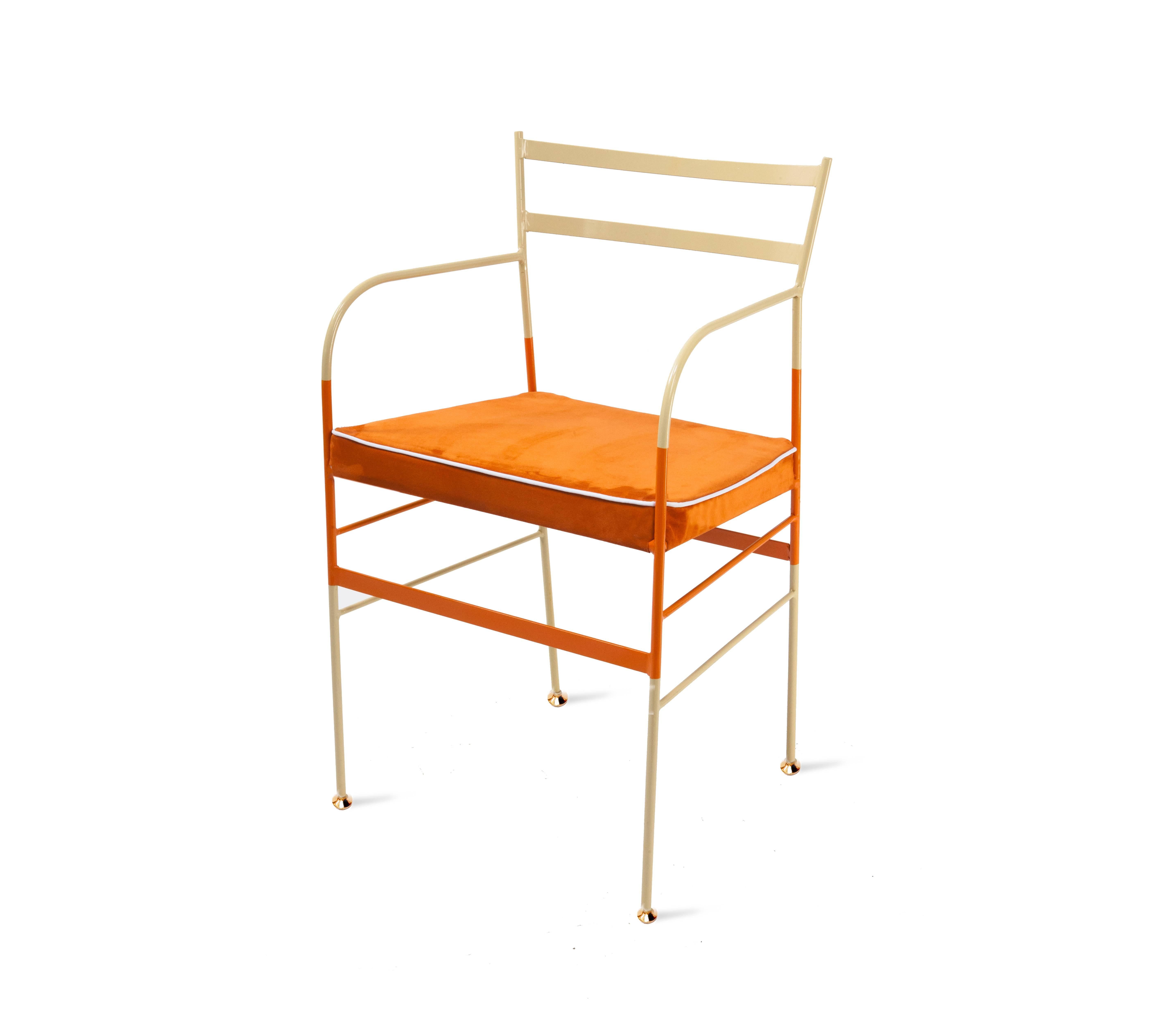 Suede piping on contrasting bright tones produces a neo-retro quality, finished with a uniquely organic compound paint and polish to prevent rust. Handcrafted in Italy from high-strength iron, these chairs by Sotow boast practicality and