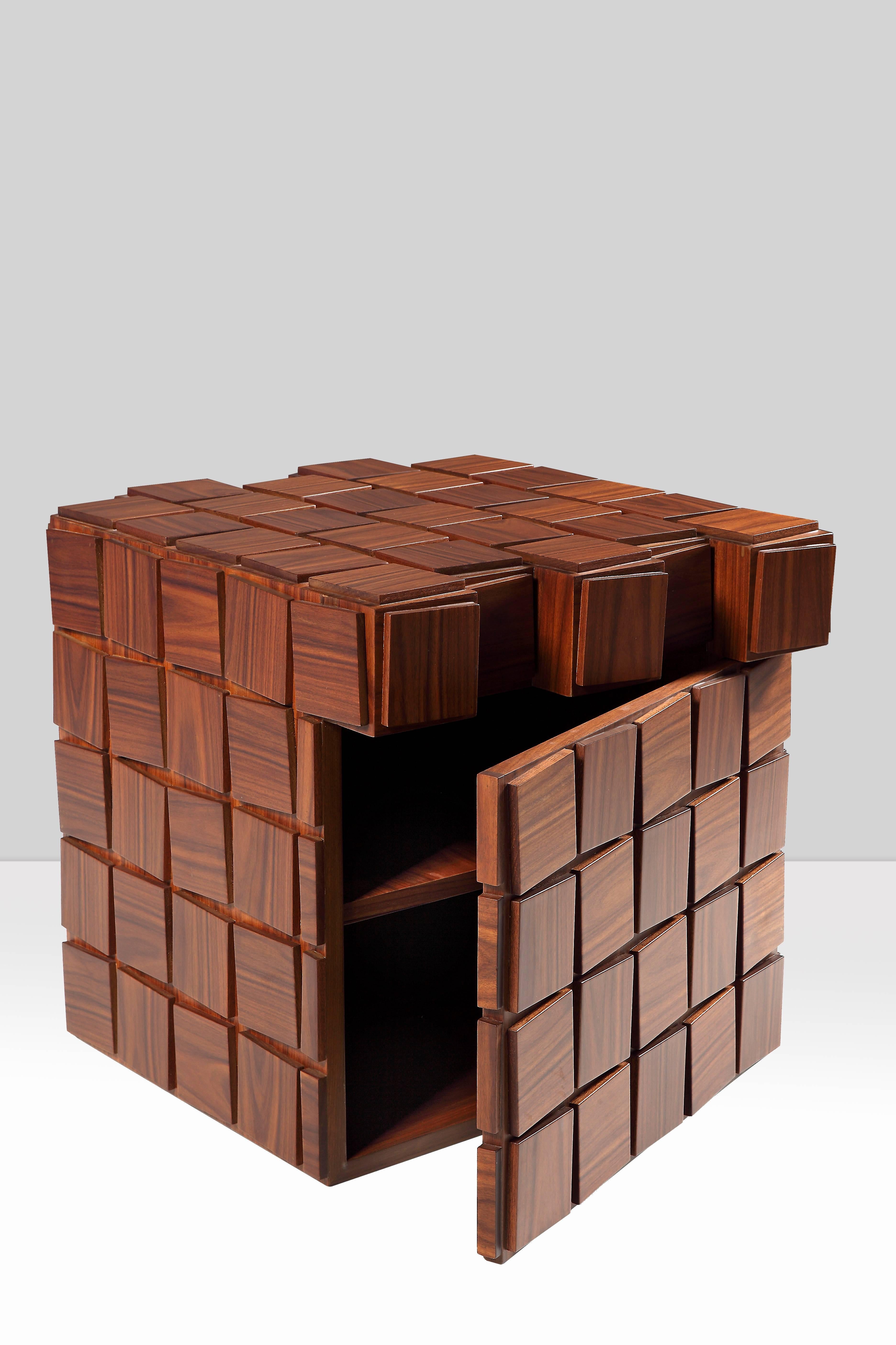 A square combination of veneer and solid palissandre wood side table with a hidden storage space inside.