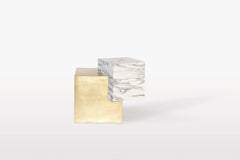 Coexist Askew Side Table in Statuary Marble with Brushed Brass Cube