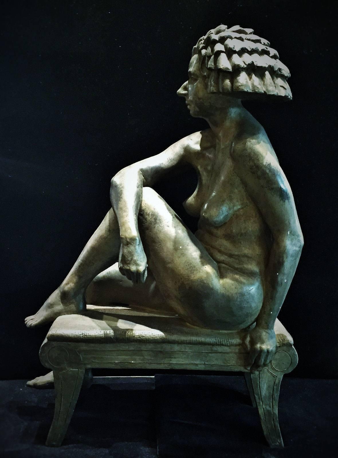 Modern Bernard Langlais, Seated Nude, Contemporary Bronze Sculpture, circa 1993 For Sale