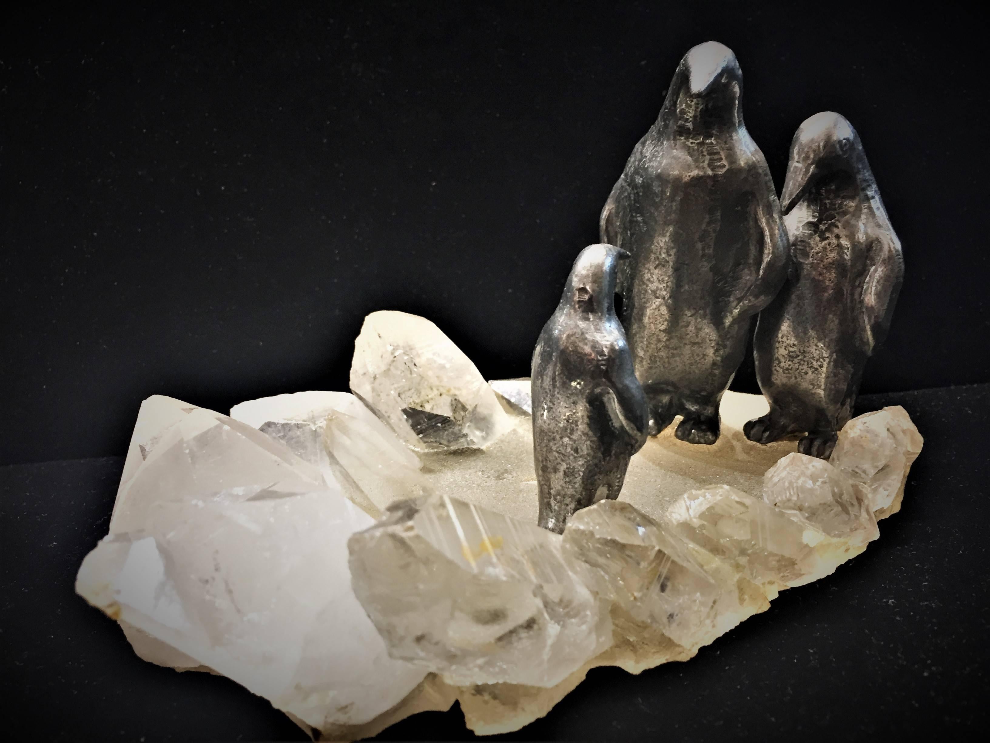 Unknown Penguin Family, Art Deco Silvered Pewter & Rock Crystal Vide-Poche, circa 1920