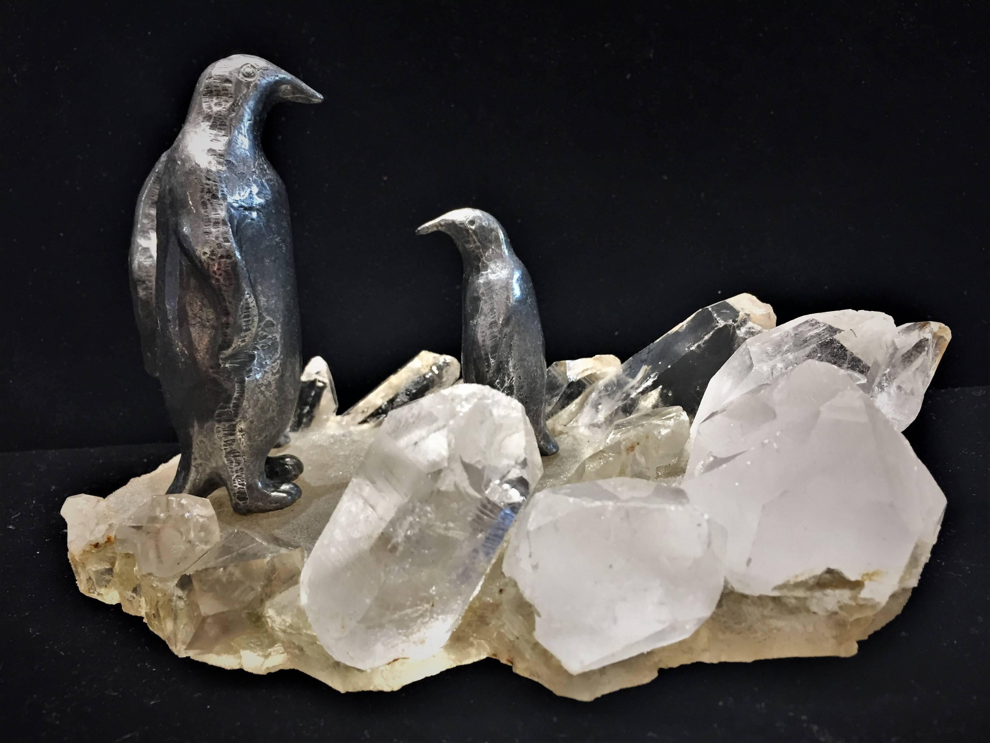Penguin Family, Art Deco Silvered Pewter & Rock Crystal Vide-Poche, circa 1920 In Good Condition In New York, NY
