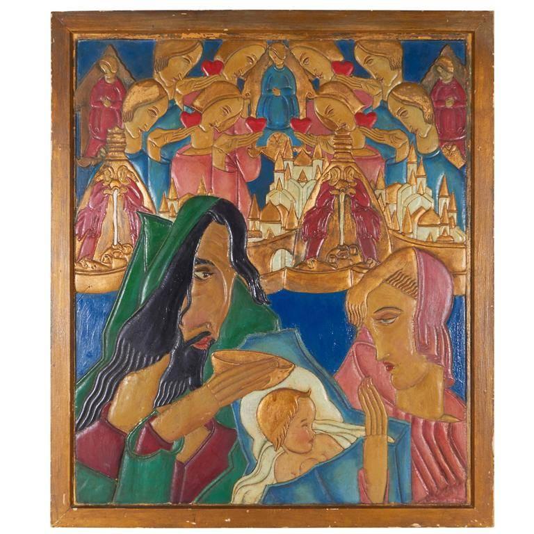 Karoly Fulop, The Baptism, Polychromed Ceramic Panel, circa 1950s For Sale