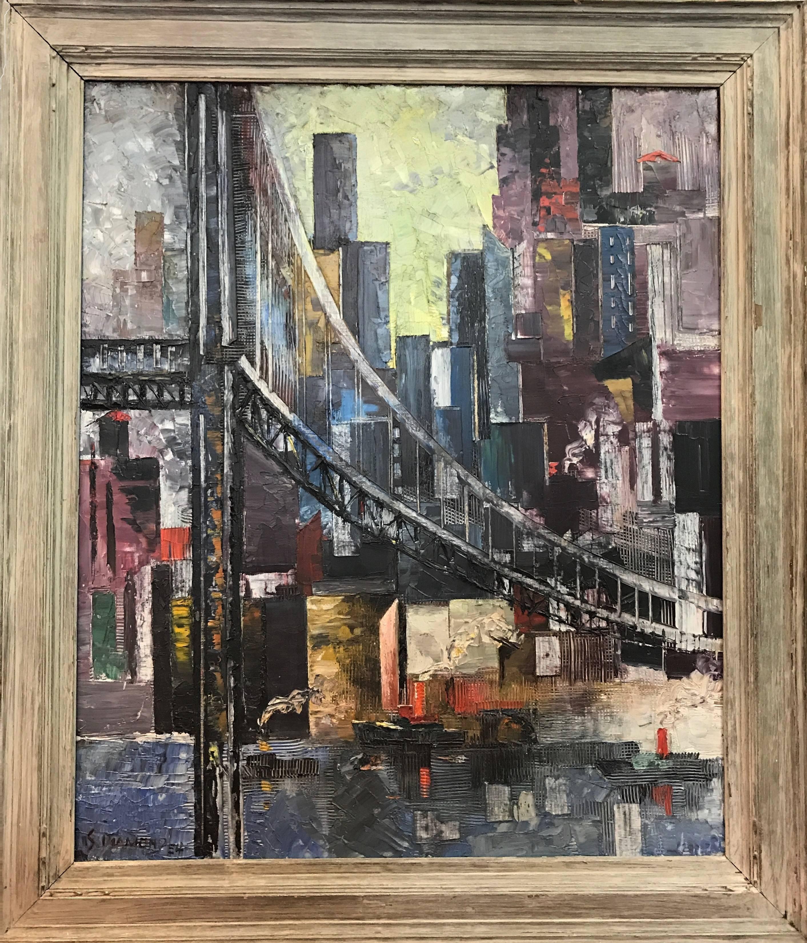 Dies ist ein doppelseitiges Gemälde - 
Seite 1: Ansicht von Manhattan, signiert unten links und datiert 1954.
Seite 2 (Rückseite): Genreszene mit Trägern.

Abmessungen: Ungerahmt: 20,5 x 30,5 Zoll Gerahmt: 32 x 37 Zoll

Sam Diamond,
