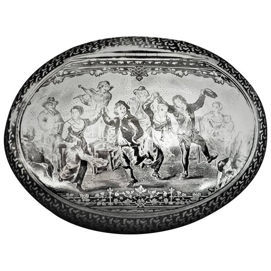 Neoclassical Antique Dutch Silver Niello Oval Snuff Box, circa 1825