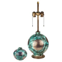 French Art Deco Glazed & Silver Ceramic Table Lamp and Vase, Circa 1930s