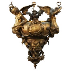 Italian Grand Tour Gilt Bronze Baroque Revival Pendant Oil Lamp, Circa 1870