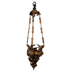 Italian Grand Tour Gilt Bronze Baroque Revival Pendant Oil Lamp, Circa 1870