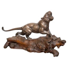 Large Japanese Meiji Bronze Roaring Tiger on Carved Wood Base, Signed, Ca. 1860s