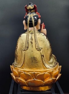 Vietnamese Gilt & Polychrome Carved Teakwood Buddha on Lotus Throne, Ca. 1850