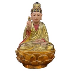 Vietnamese Gilt & Polychrome Carved Teakwood Buddha on Lotus Throne, Ca. 1850