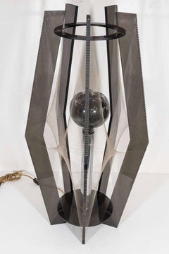 A Pair of Modernistic Smoked Lucite, Chrome and Threading Lamps, circa 1980s