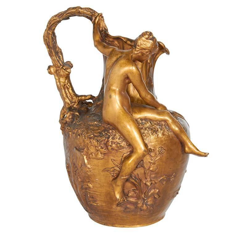 Alexandre Vibert, French Art Nouveau Figural Gilt Bronze Ewer, circa 1900 For Sale