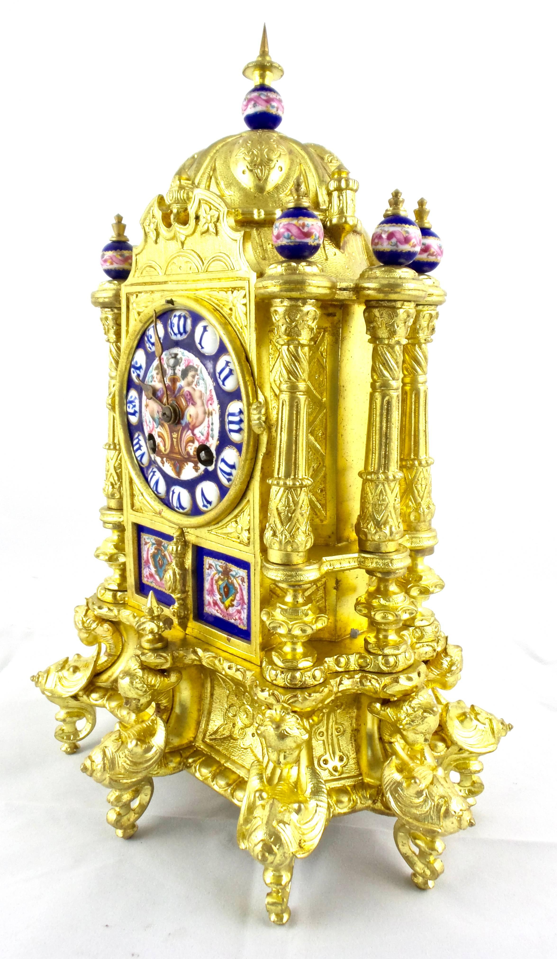 Louis XIV 19th Century French Gilt Ormolu Bronze and Sevres Porcelain Mantle Clock For Sale
