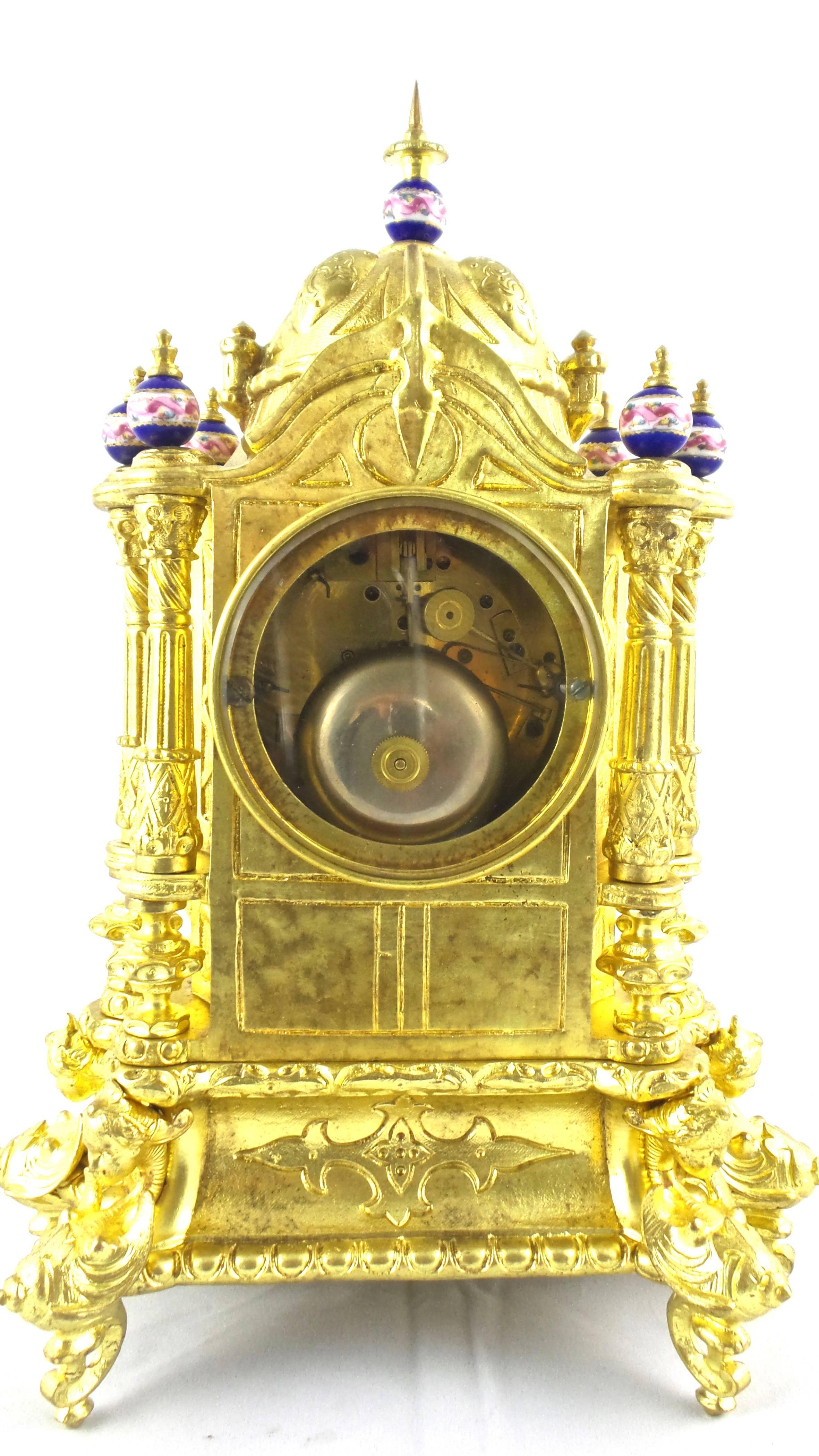 Mid-19th Century 19th Century French Gilt Ormolu Bronze and Sevres Porcelain Mantle Clock For Sale