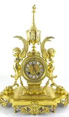 19th Century French Solid Gilt Brass Three-Piece Mantle Clock Garniture Set