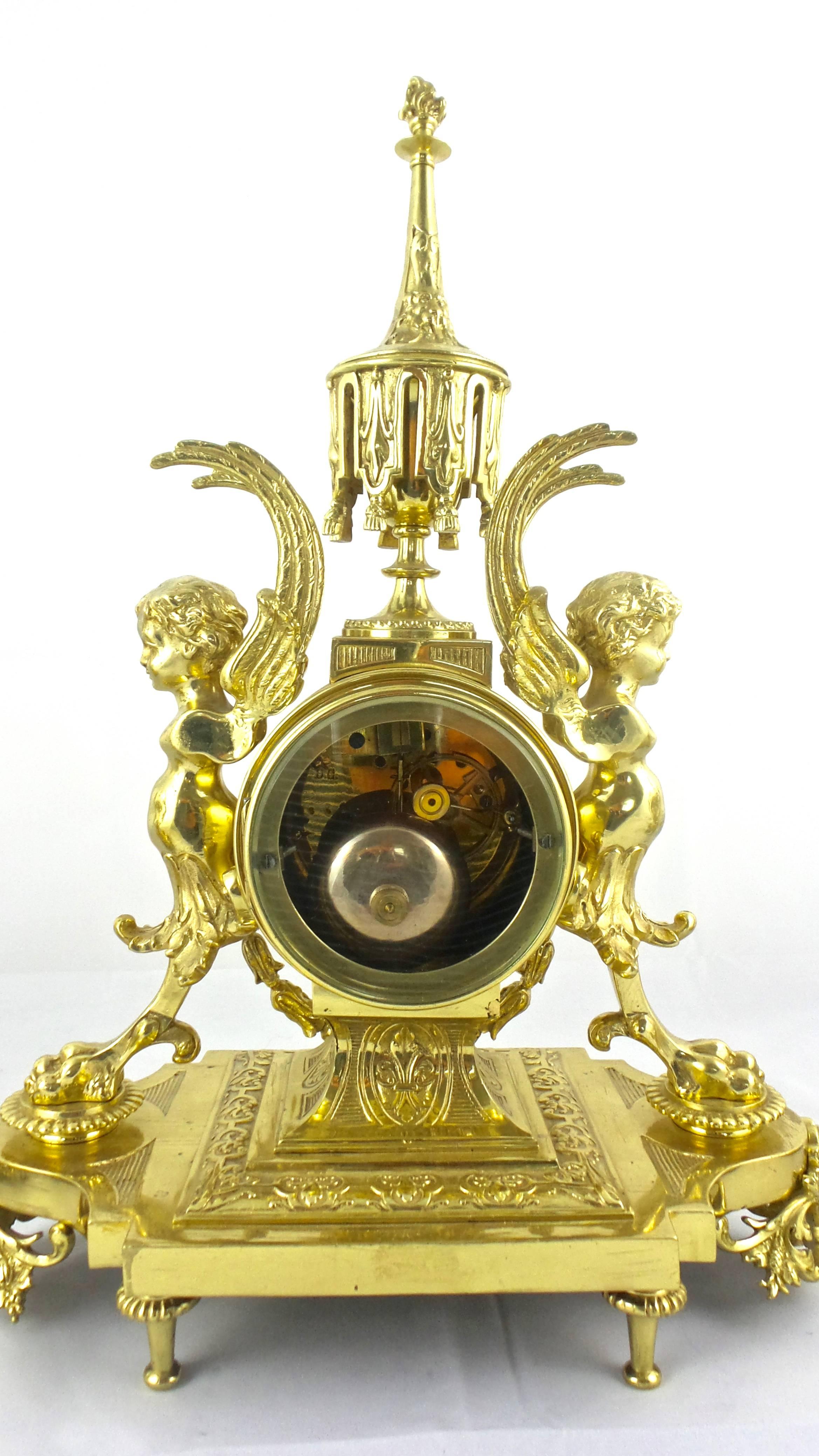 Bronze 19th Century French Solid Gilt Brass Three-Piece Mantle Clock Garniture Set