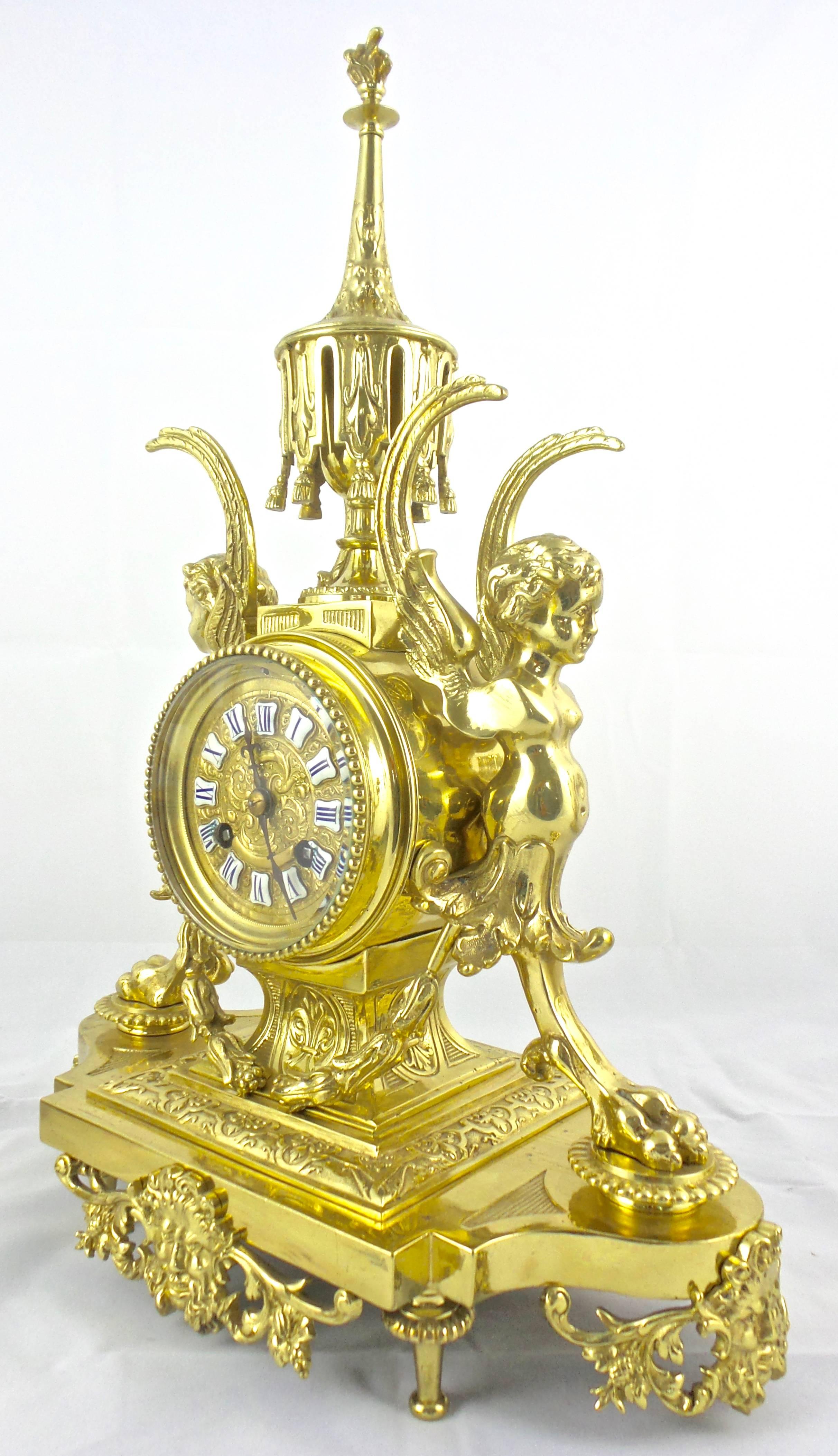 Louis XVI 19th Century French Solid Gilt Brass Three-Piece Mantle Clock Garniture Set