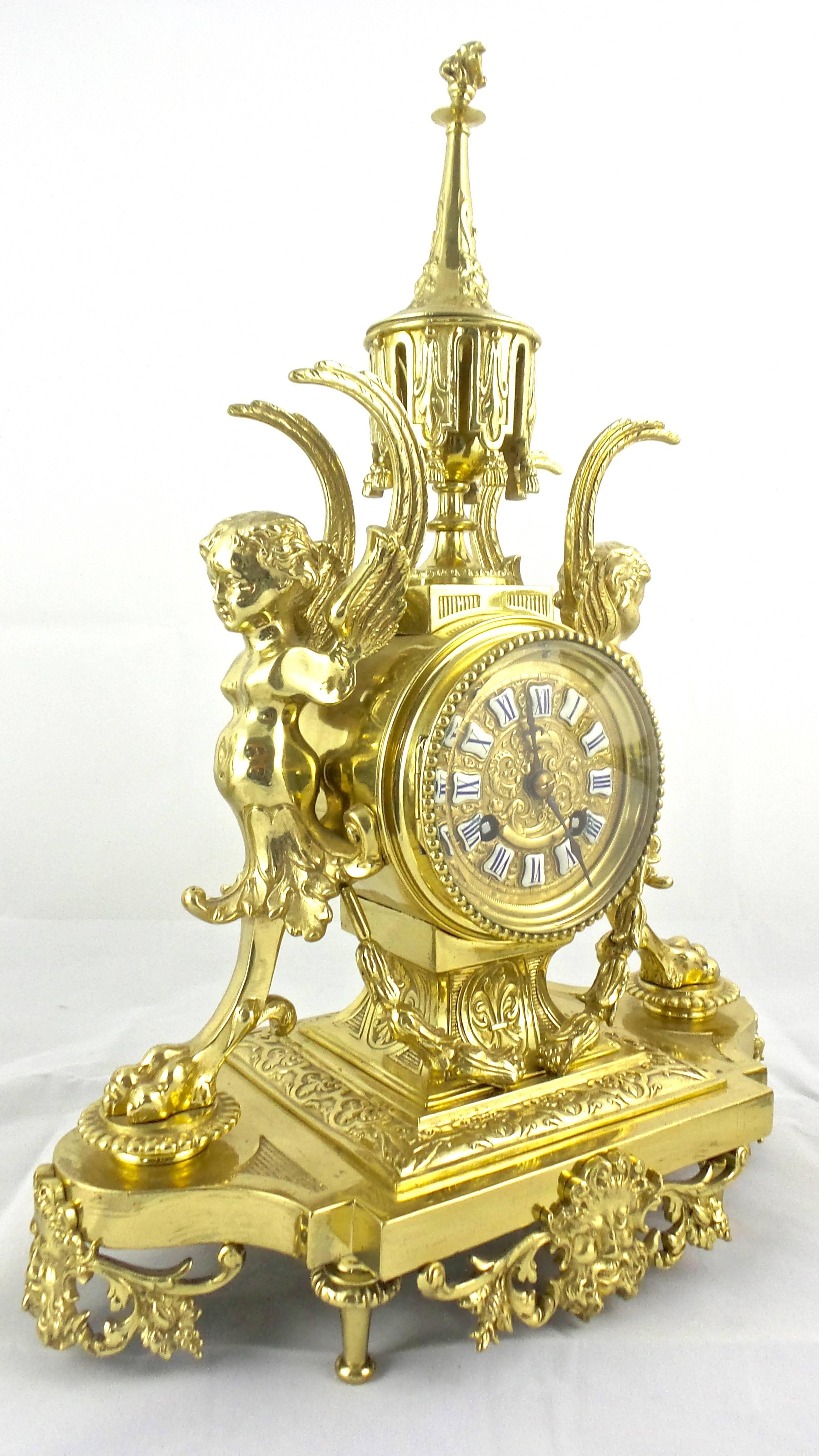 19th Century French Solid Gilt Brass Three-Piece Mantle Clock Garniture Set In Excellent Condition In Aberdare, GB
