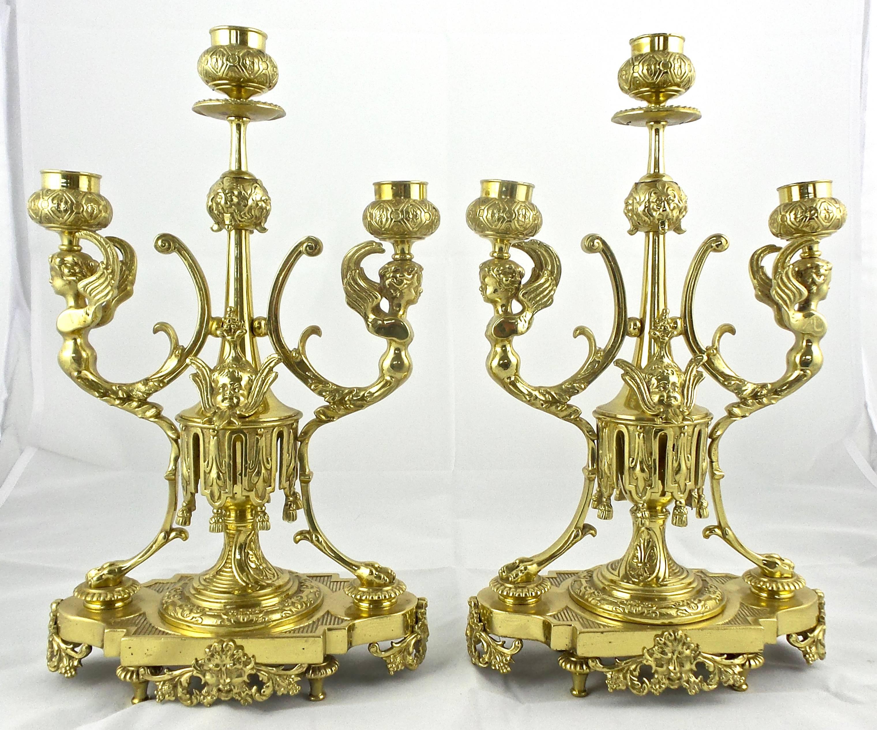 Late 19th Century 19th Century French Solid Gilt Brass Three-Piece Mantle Clock Garniture Set