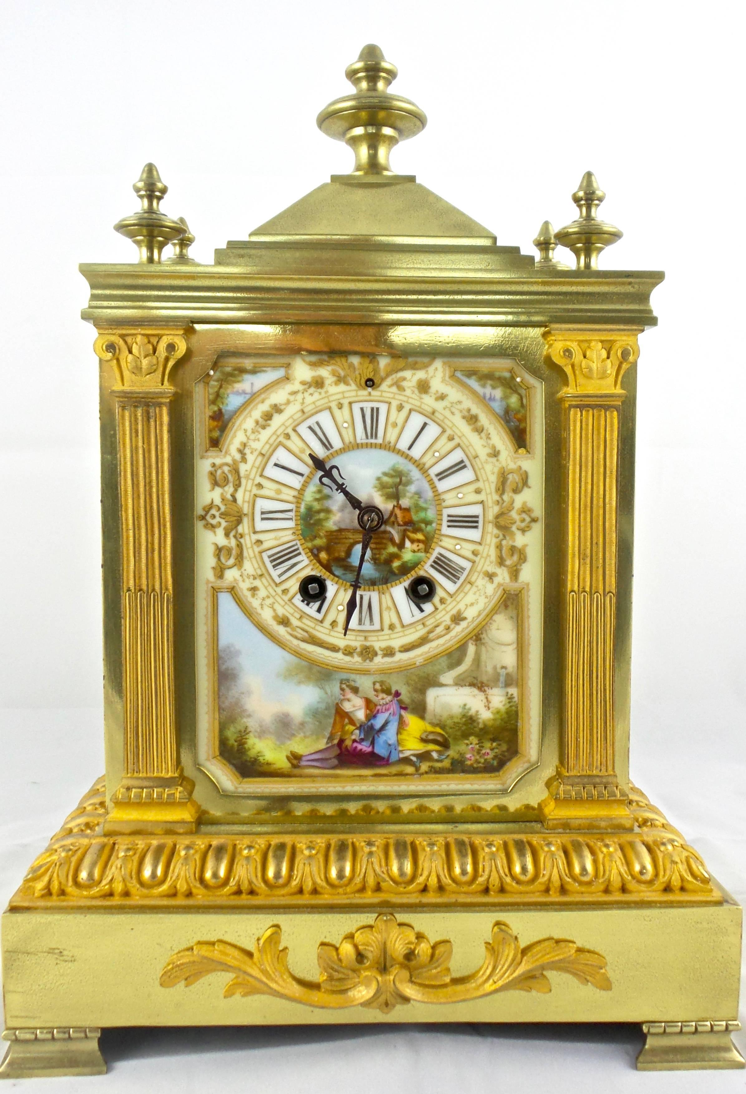 Louis XVI 19th Century French Gilt Brass and Paris Porcelain Mantle Clock Set