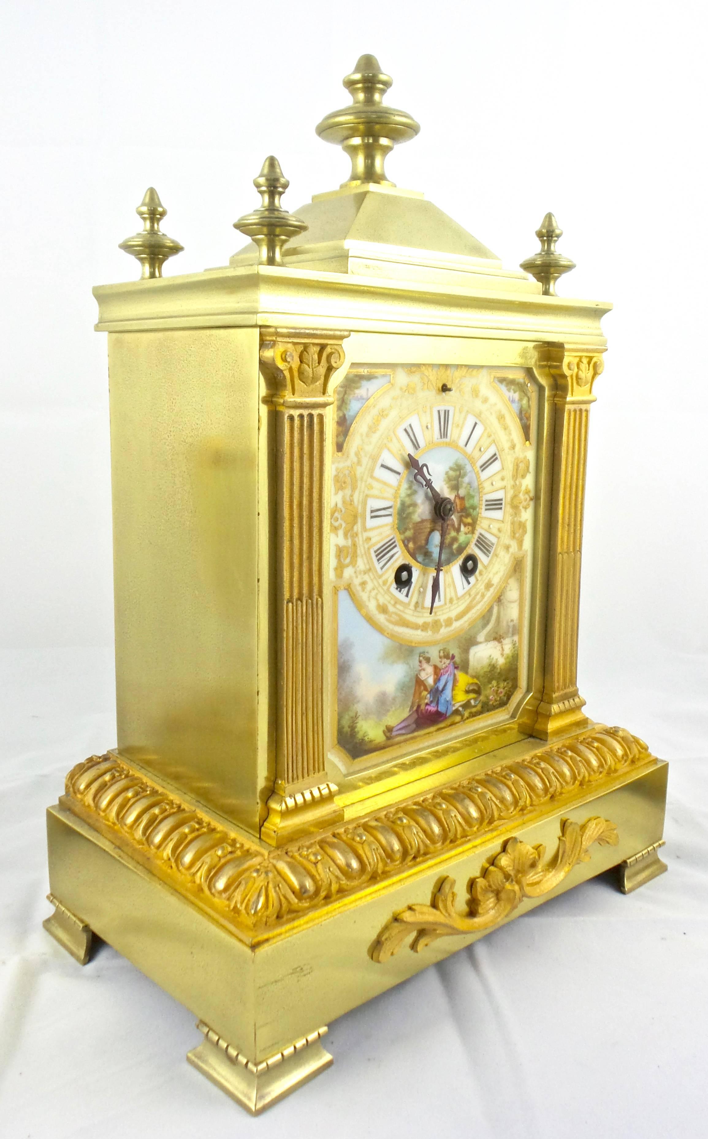Late 19th Century 19th Century French Gilt Brass and Paris Porcelain Mantle Clock Set