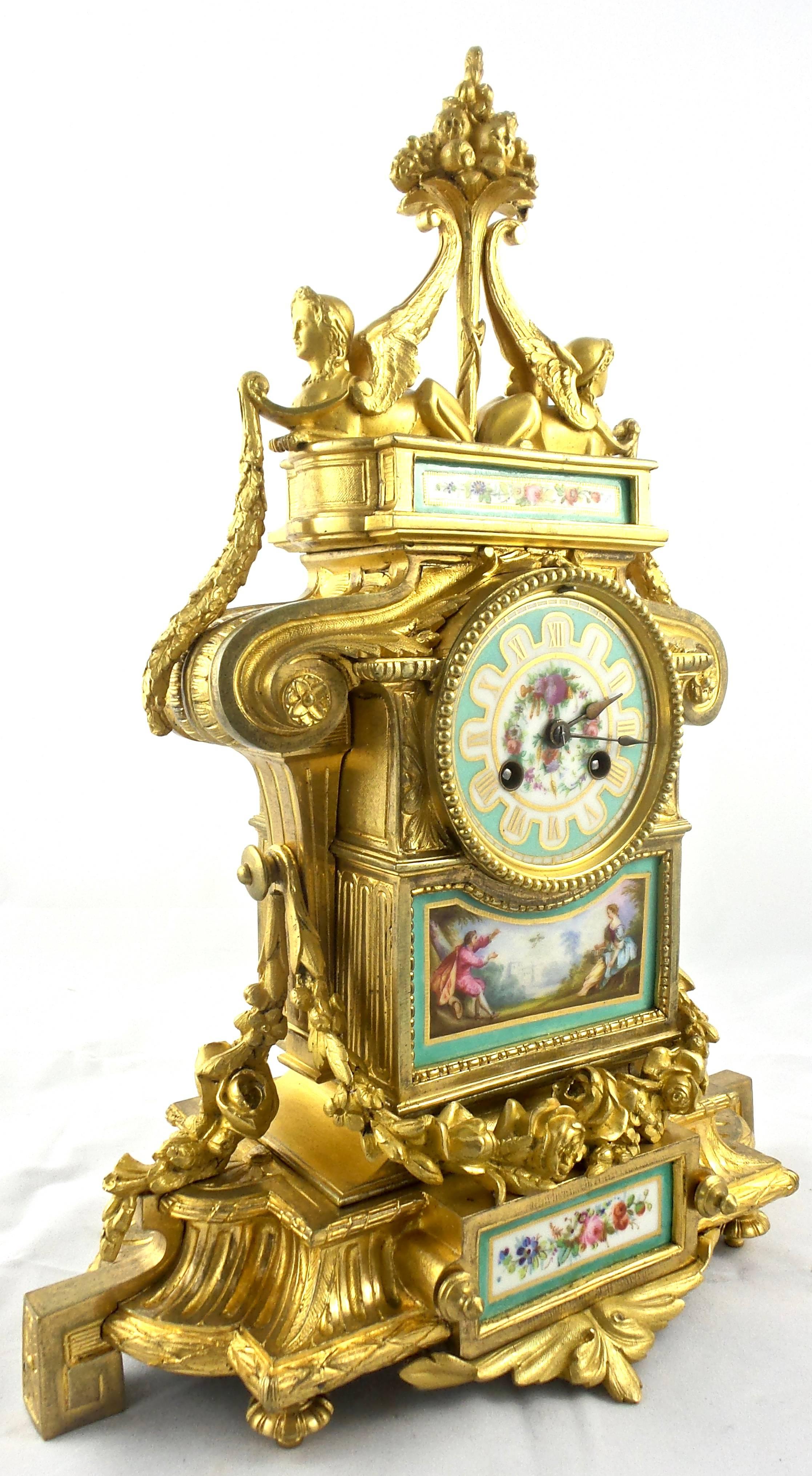 An original authentic antique 19th century French gilt ormolu bronze and Sevres porcelain Mantel clock of excellent proportion signed G.V on the movement
Museum and palace Quality clock with fine details
Having patterns and designs and draped