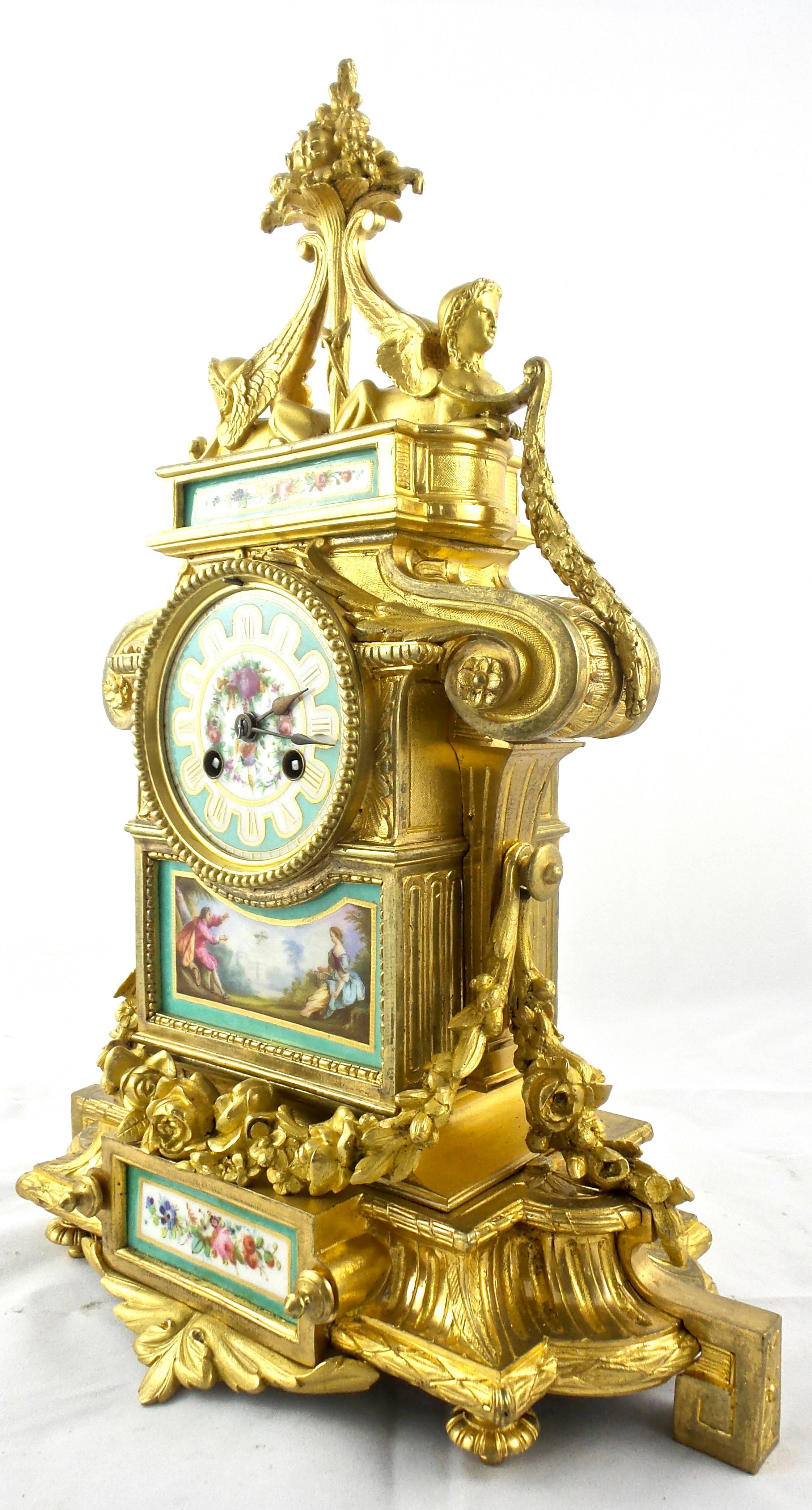 Louis XVI French 19th Century Gilt Ormolu Bronze and Aqua Sevres Porcelain Mantle Clock For Sale