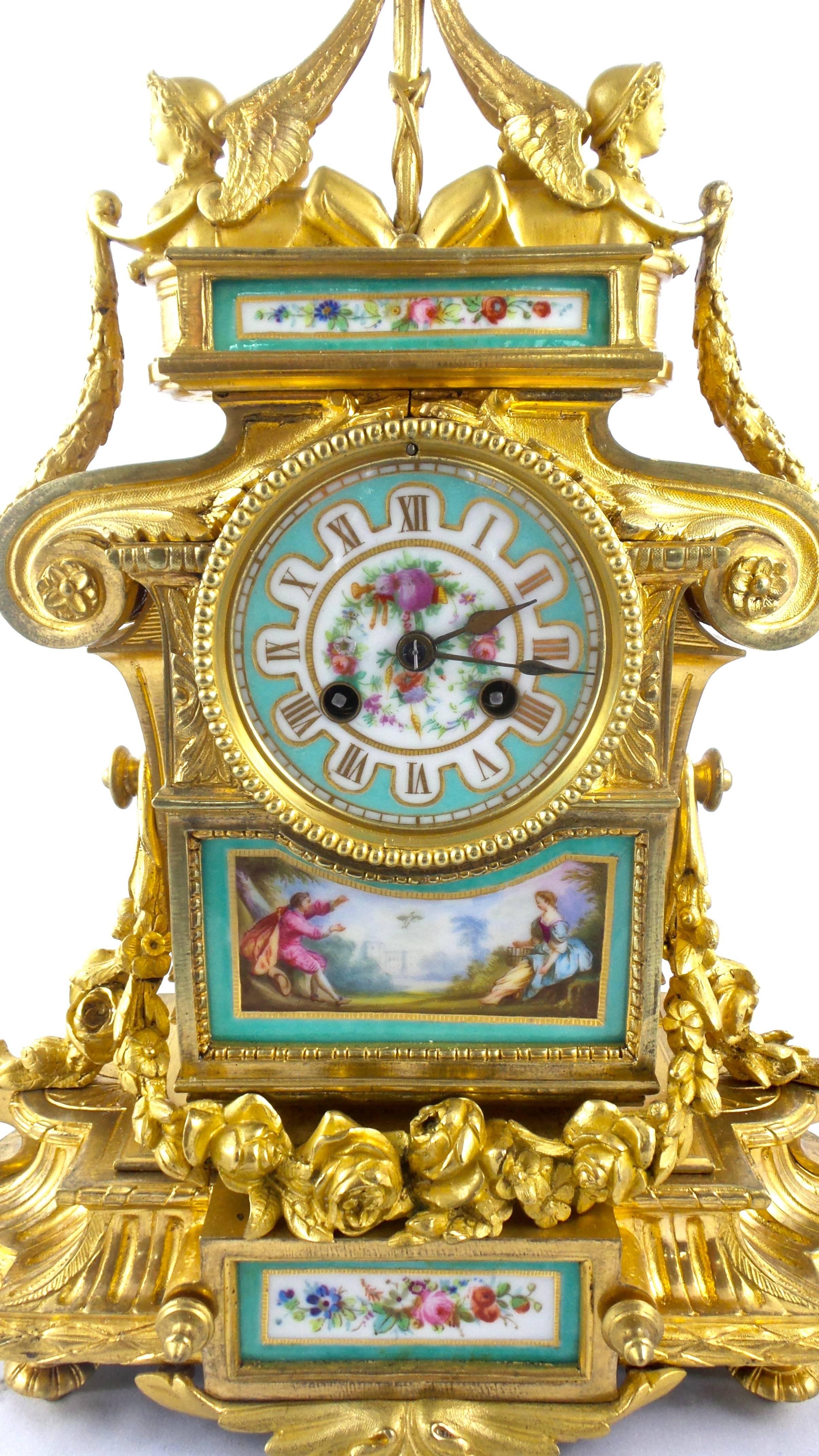 French 19th Century Gilt Ormolu Bronze and Aqua Sevres Porcelain Mantle Clock In Excellent Condition For Sale In Aberdare, GB