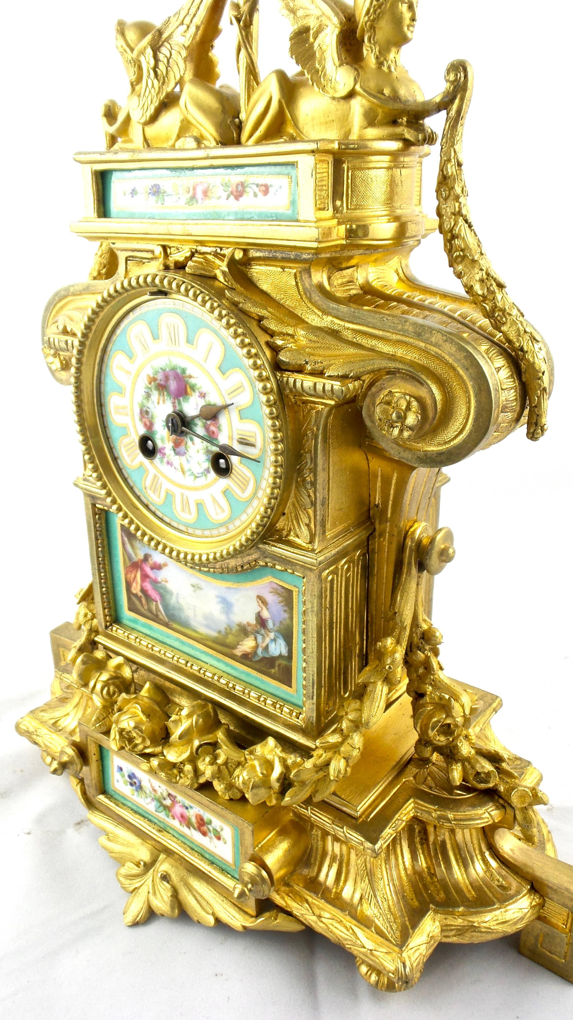 Mid-19th Century French 19th Century Gilt Ormolu Bronze and Aqua Sevres Porcelain Mantle Clock For Sale