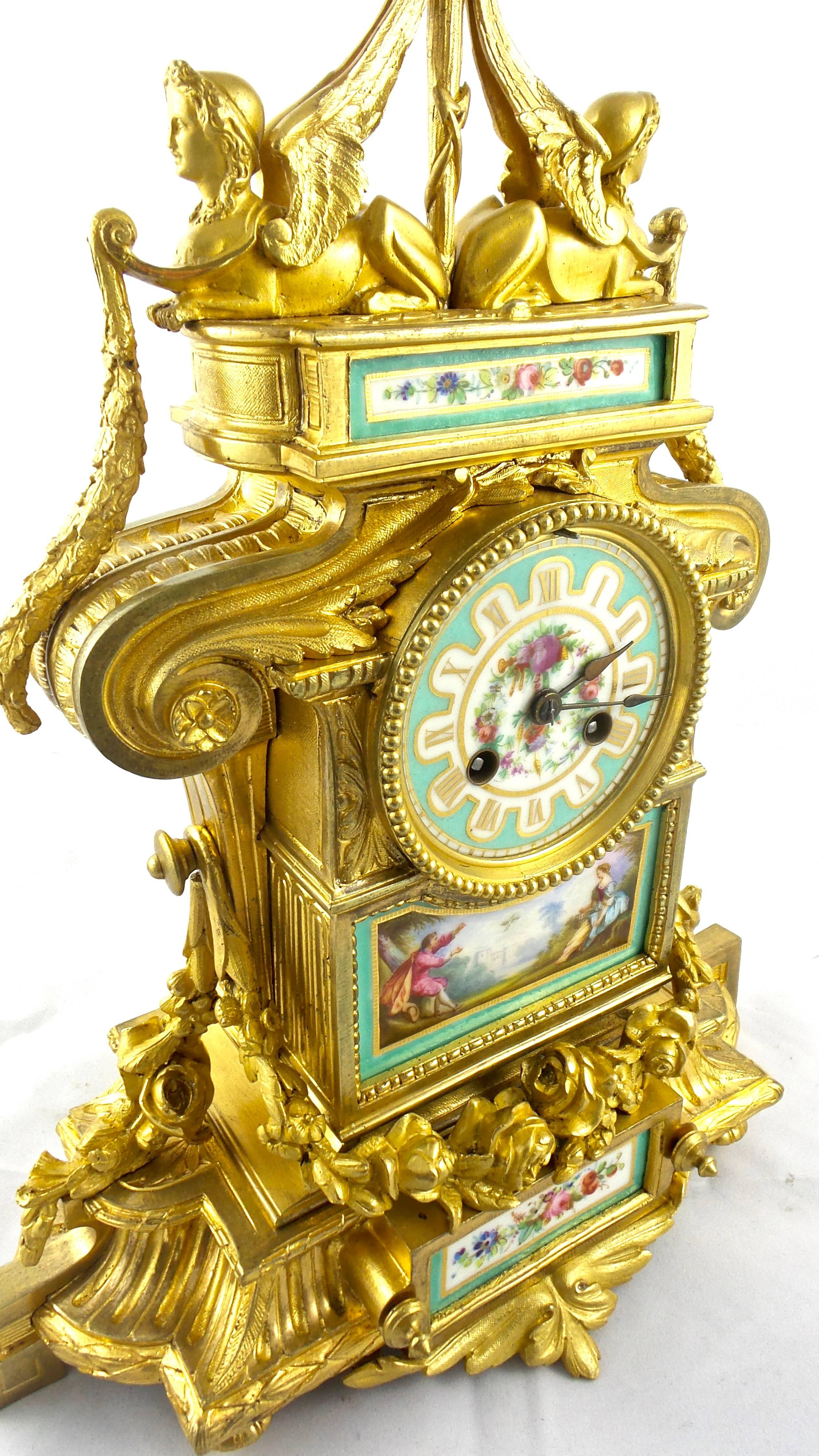 French 19th Century Gilt Ormolu Bronze and Aqua Sevres Porcelain Mantle Clock For Sale 1