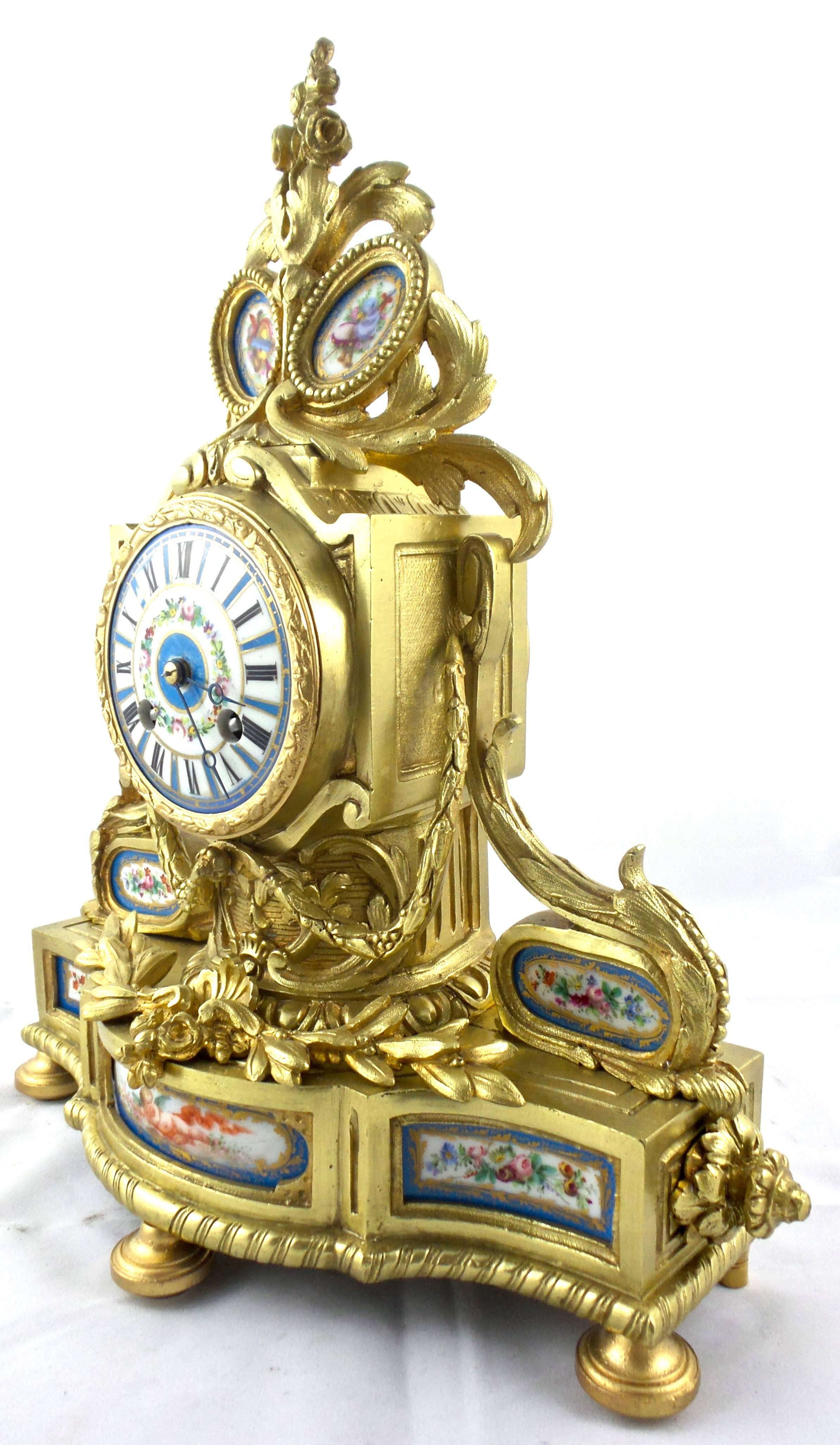 Louis XVI 19th Century French Solid Gilt Brass and Sevres Porcelain Mantle Clock