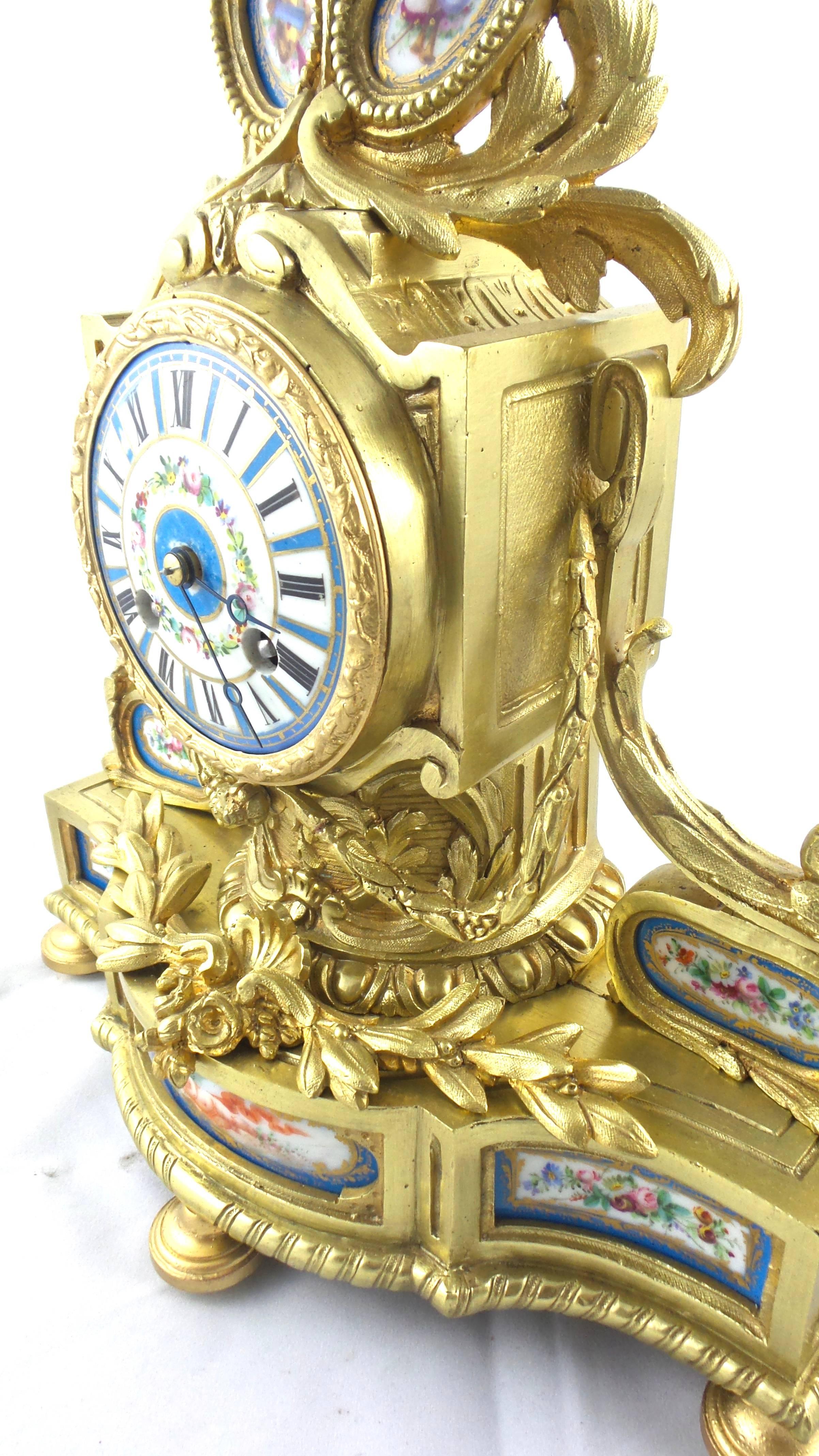 19th Century French Solid Gilt Brass and Sevres Porcelain Mantle Clock In Excellent Condition In Aberdare, GB