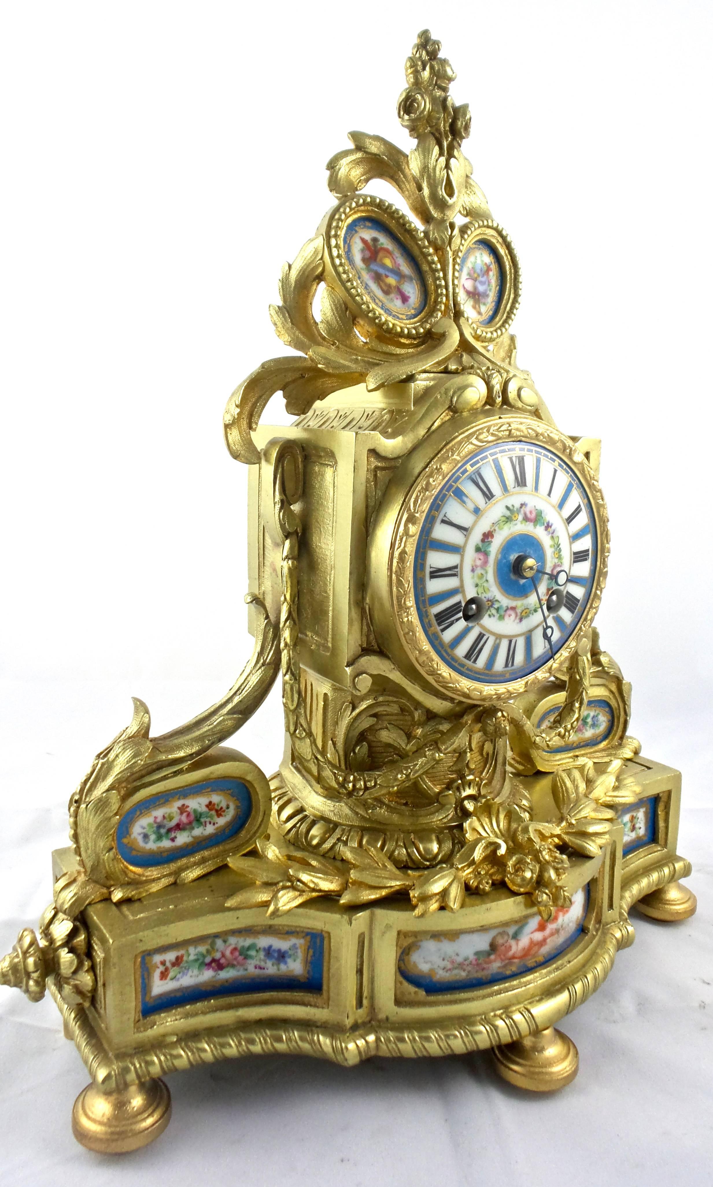Late 19th Century 19th Century French Solid Gilt Brass and Sevres Porcelain Mantle Clock