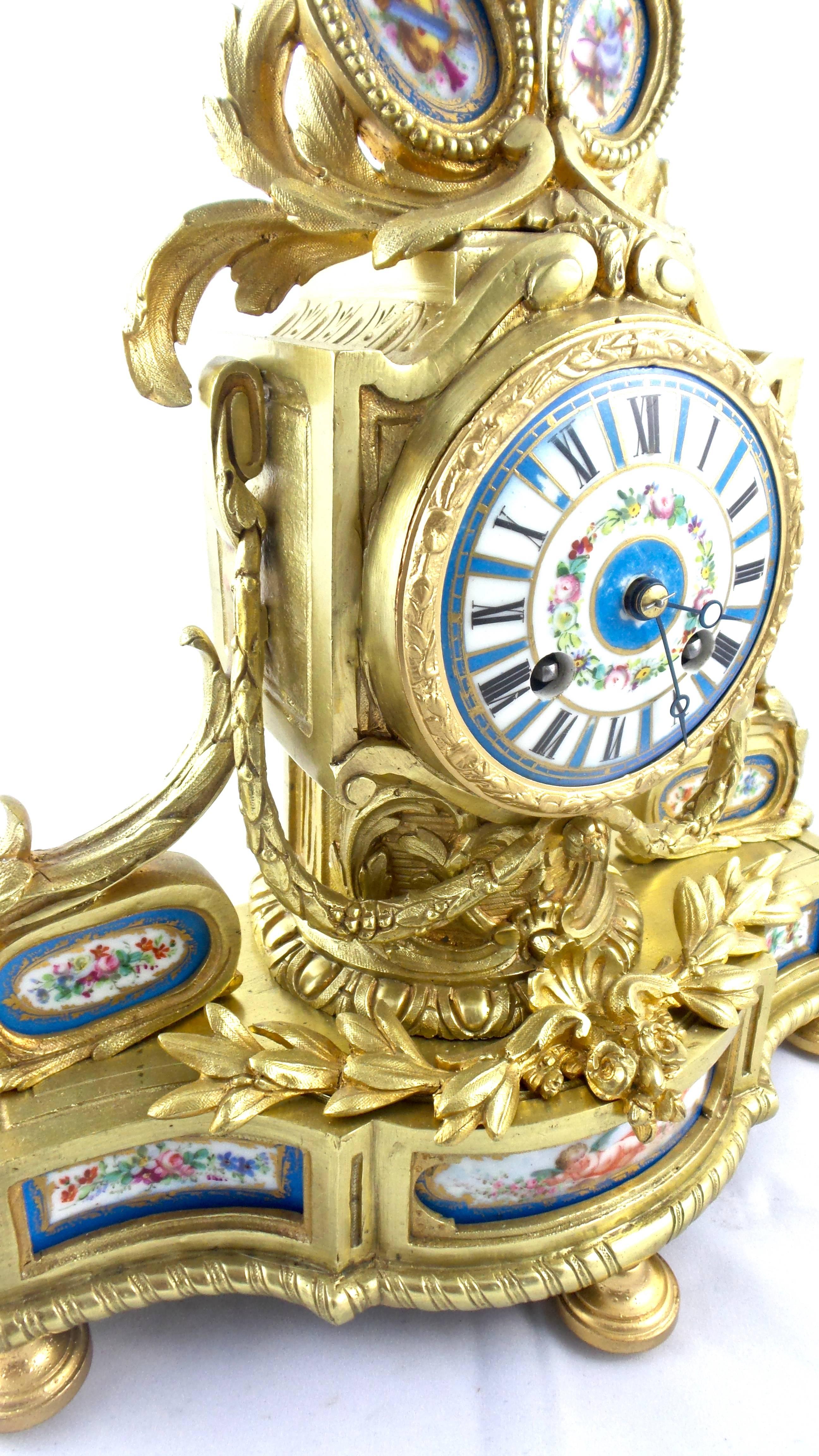 19th Century French Solid Gilt Brass and Sevres Porcelain Mantle Clock 1