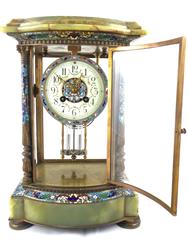 French 19th Century Four Glass Crystal Regulator Champleve and Onyx Mantle Clock