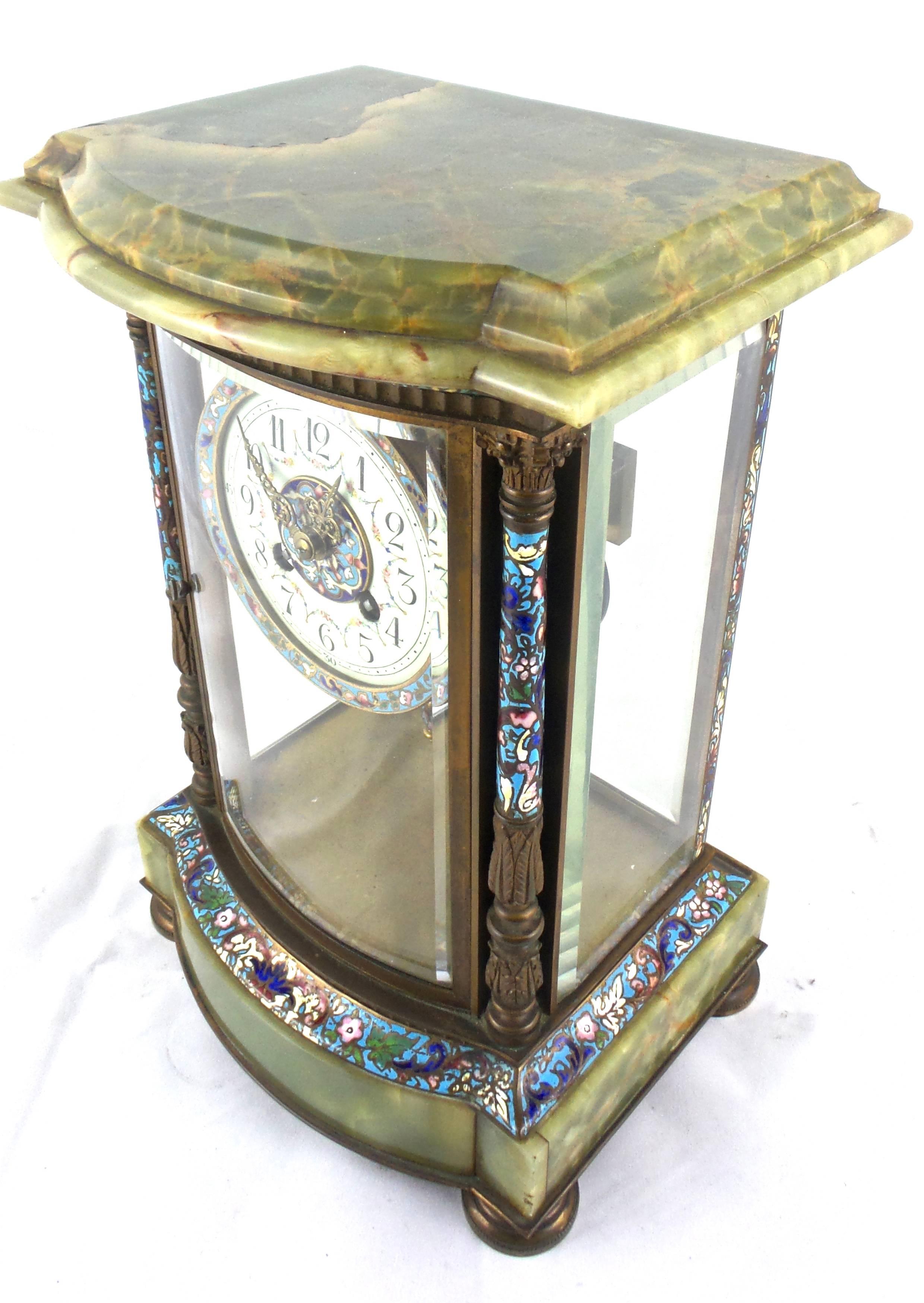 French Provincial French 19th Century Four Glass Crystal Regulator Champleve and Onyx Mantle Clock