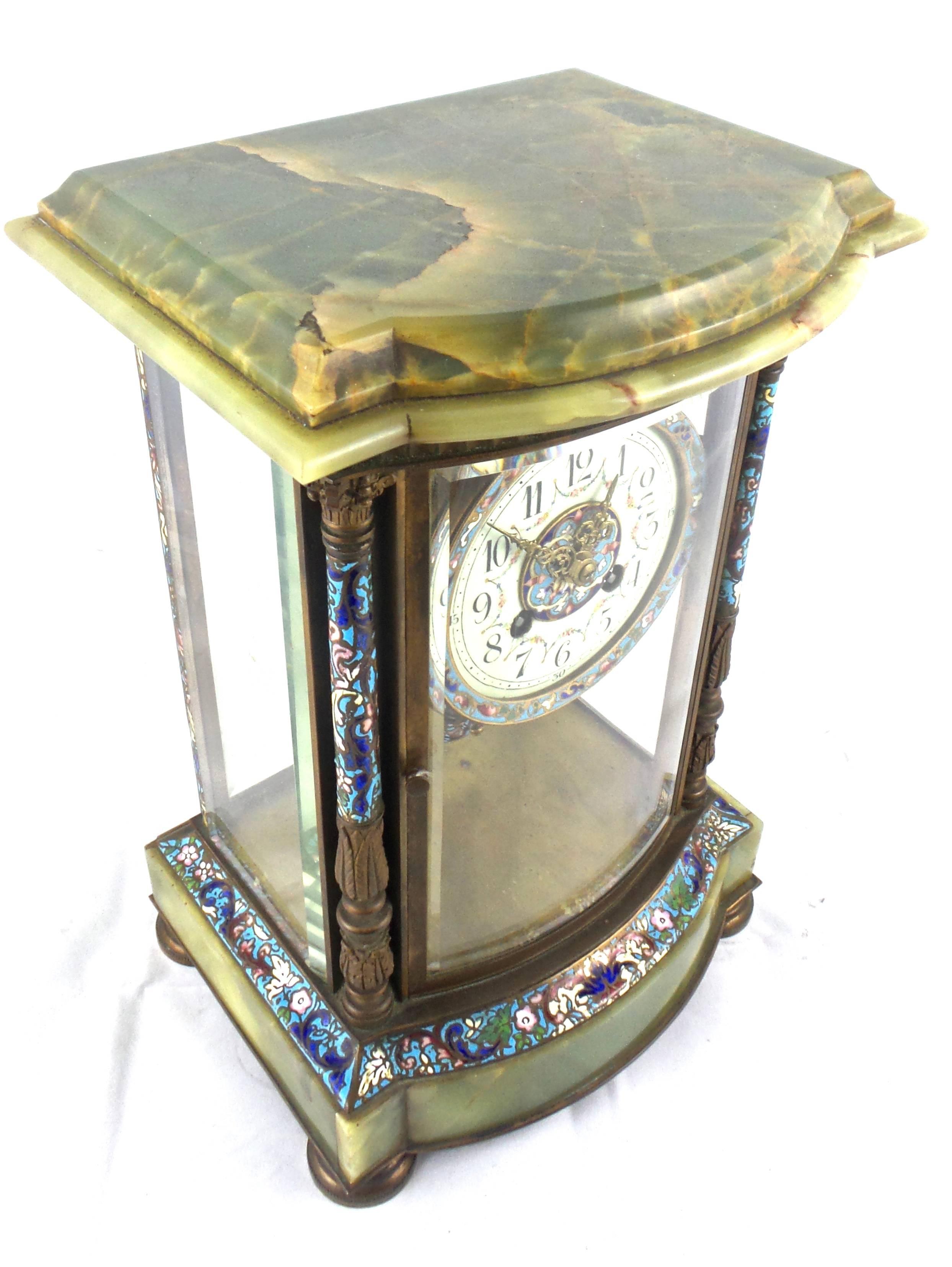 Beveled French 19th Century Four Glass Crystal Regulator Champleve and Onyx Mantle Clock