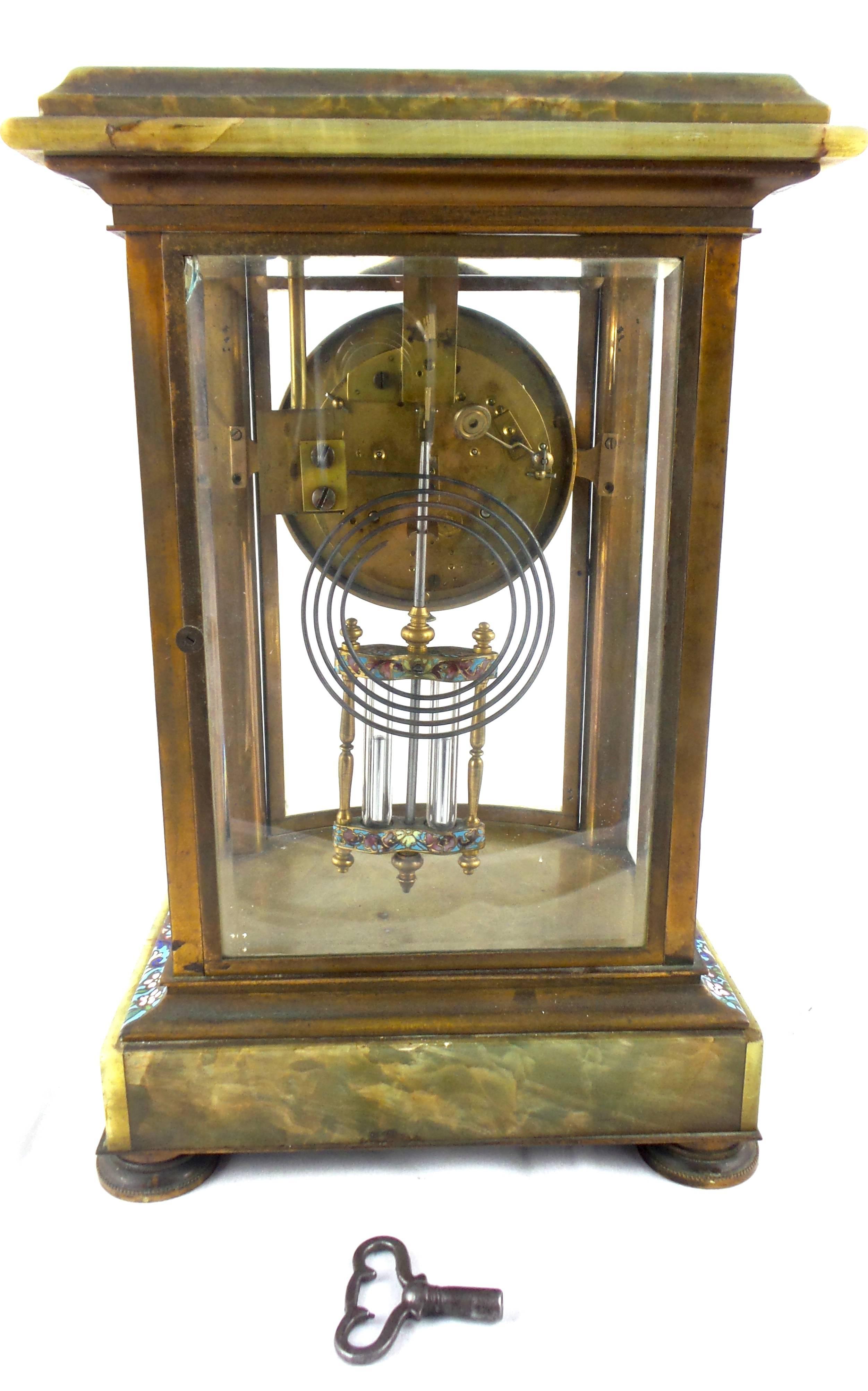 French 19th Century Four Glass Crystal Regulator Champleve and Onyx Mantle Clock 1