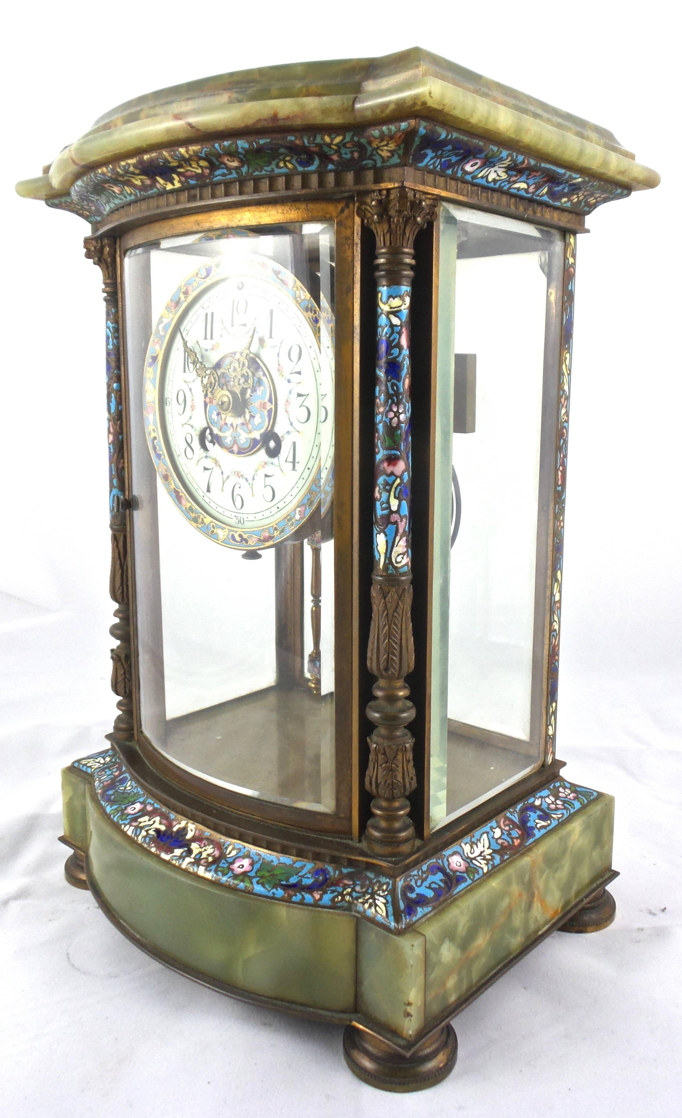 Late 19th Century French 19th Century Four Glass Crystal Regulator Champleve and Onyx Mantle Clock