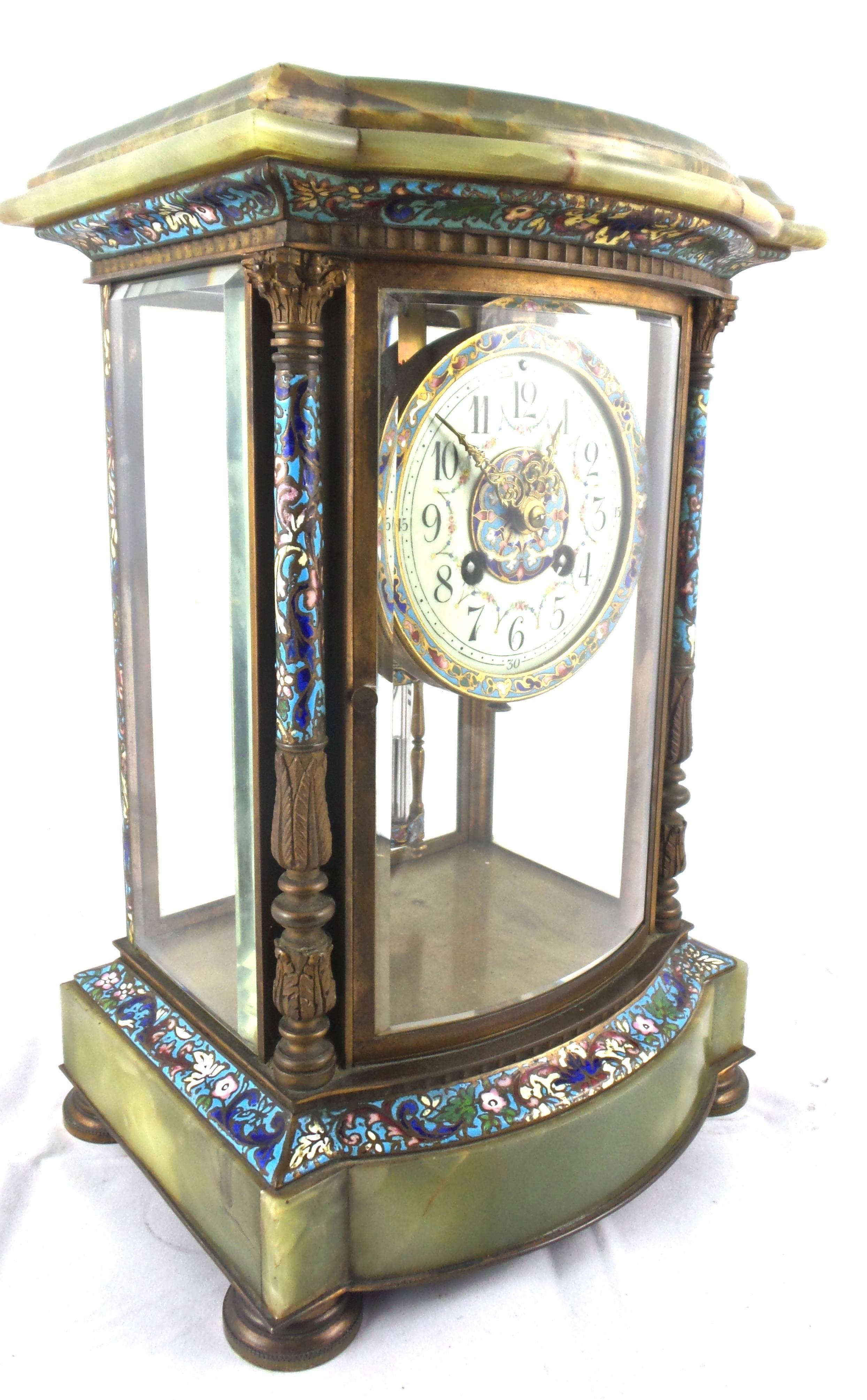 Enamel French 19th Century Four Glass Crystal Regulator Champleve and Onyx Mantle Clock